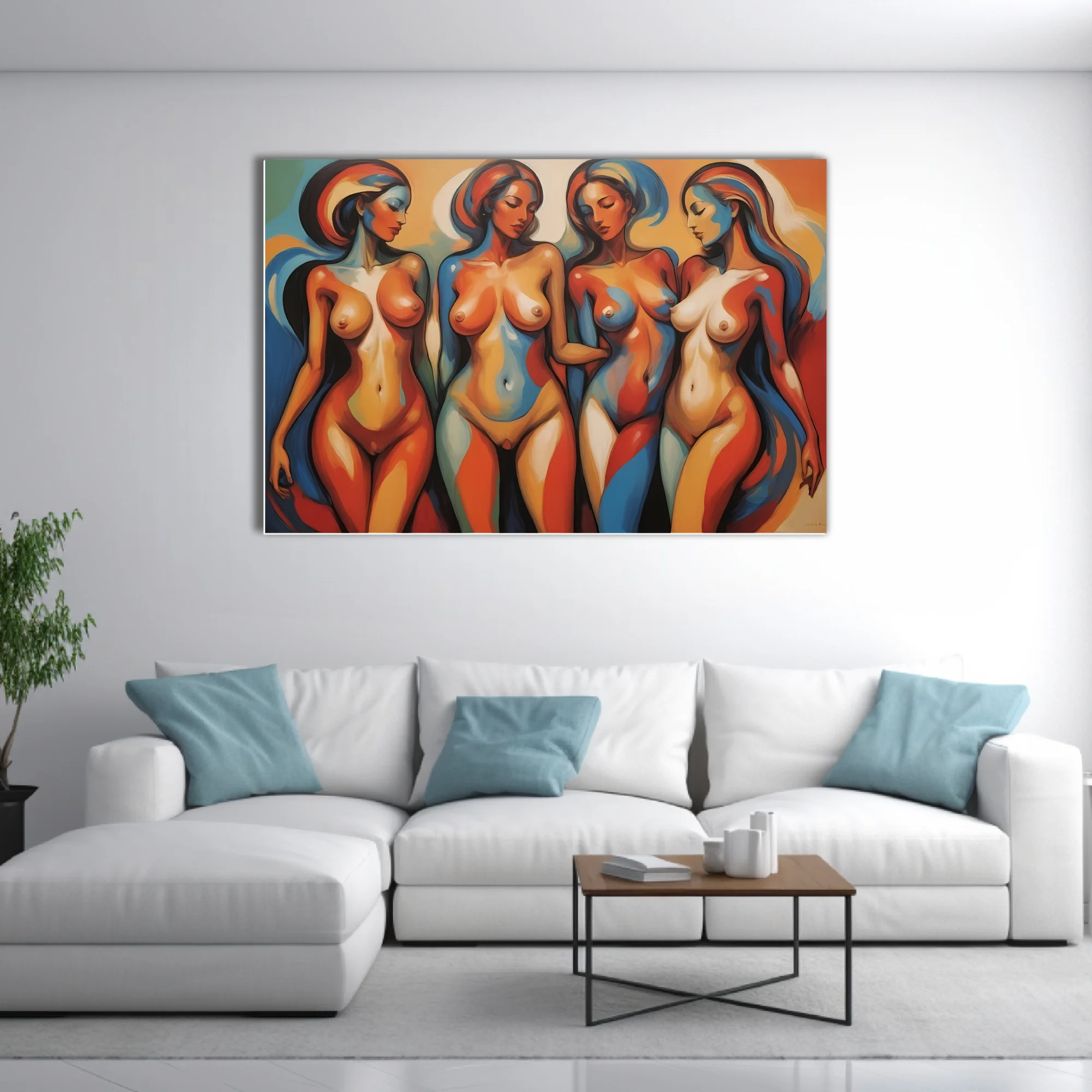 Abstract figurative nude study bold terracotta blue mid-century modern palette