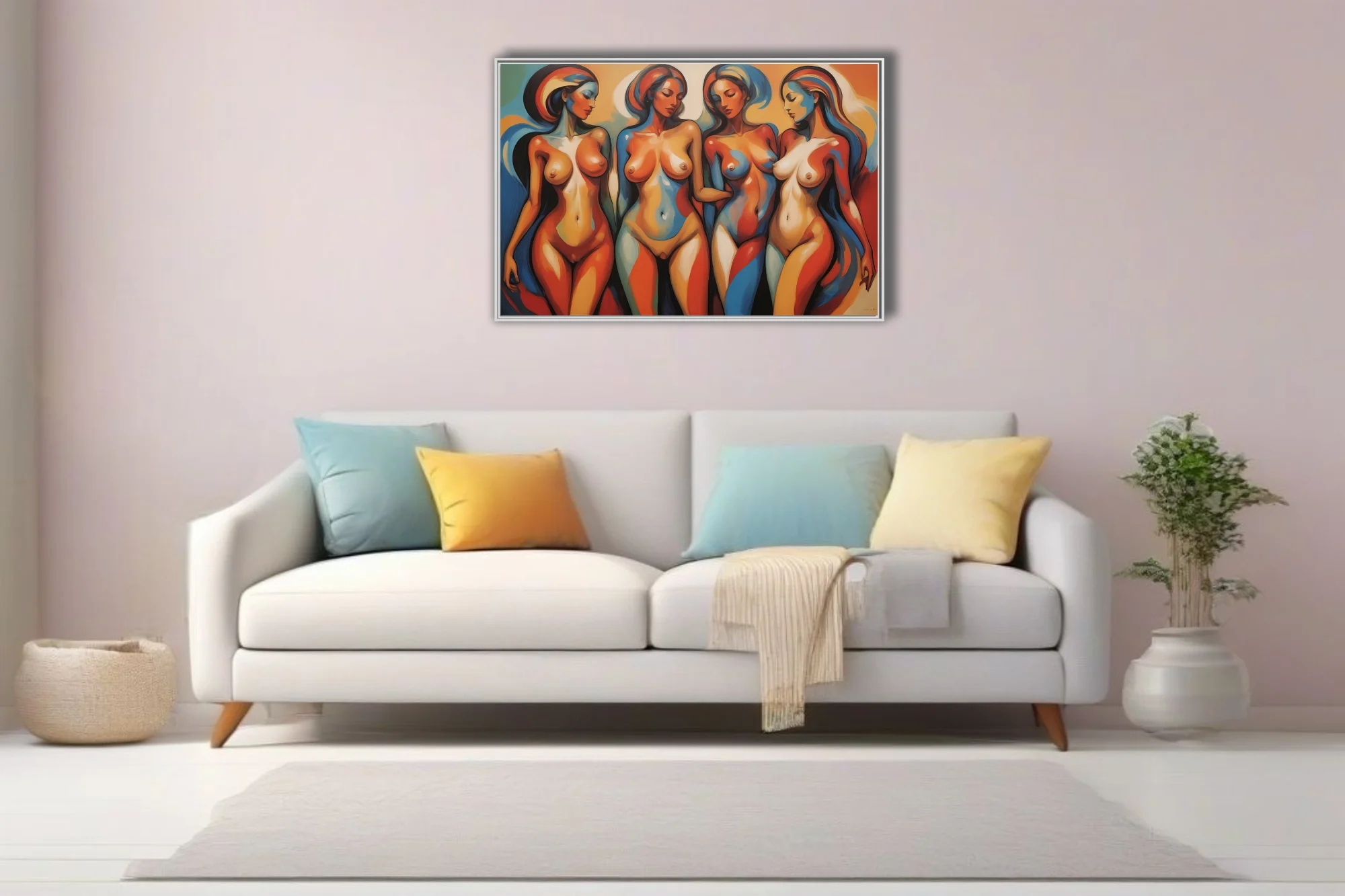 Abstract figurative nude study bold terracotta blue mid-century modern palette