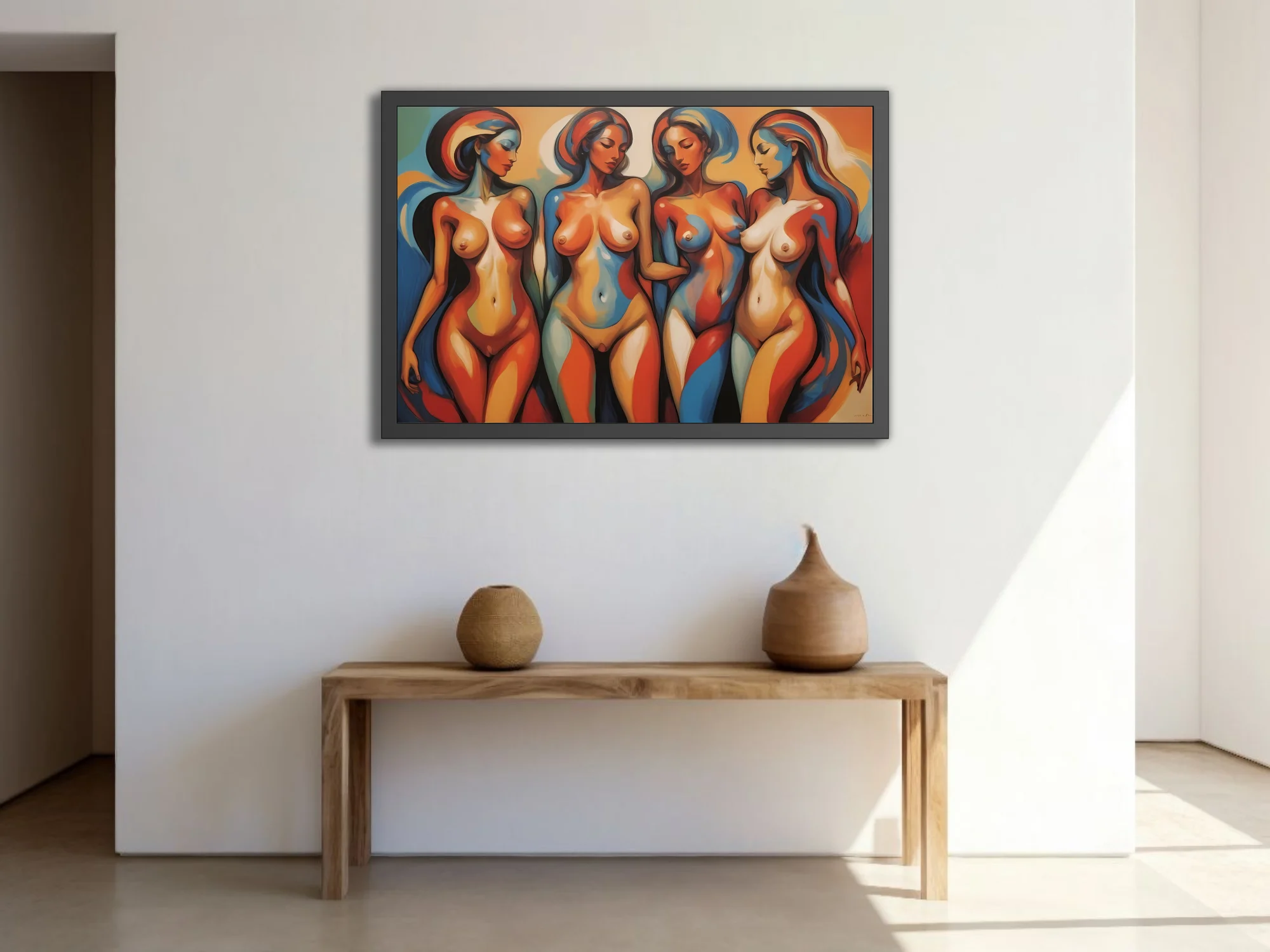 Abstract figurative nude study bold terracotta blue mid-century modern palette