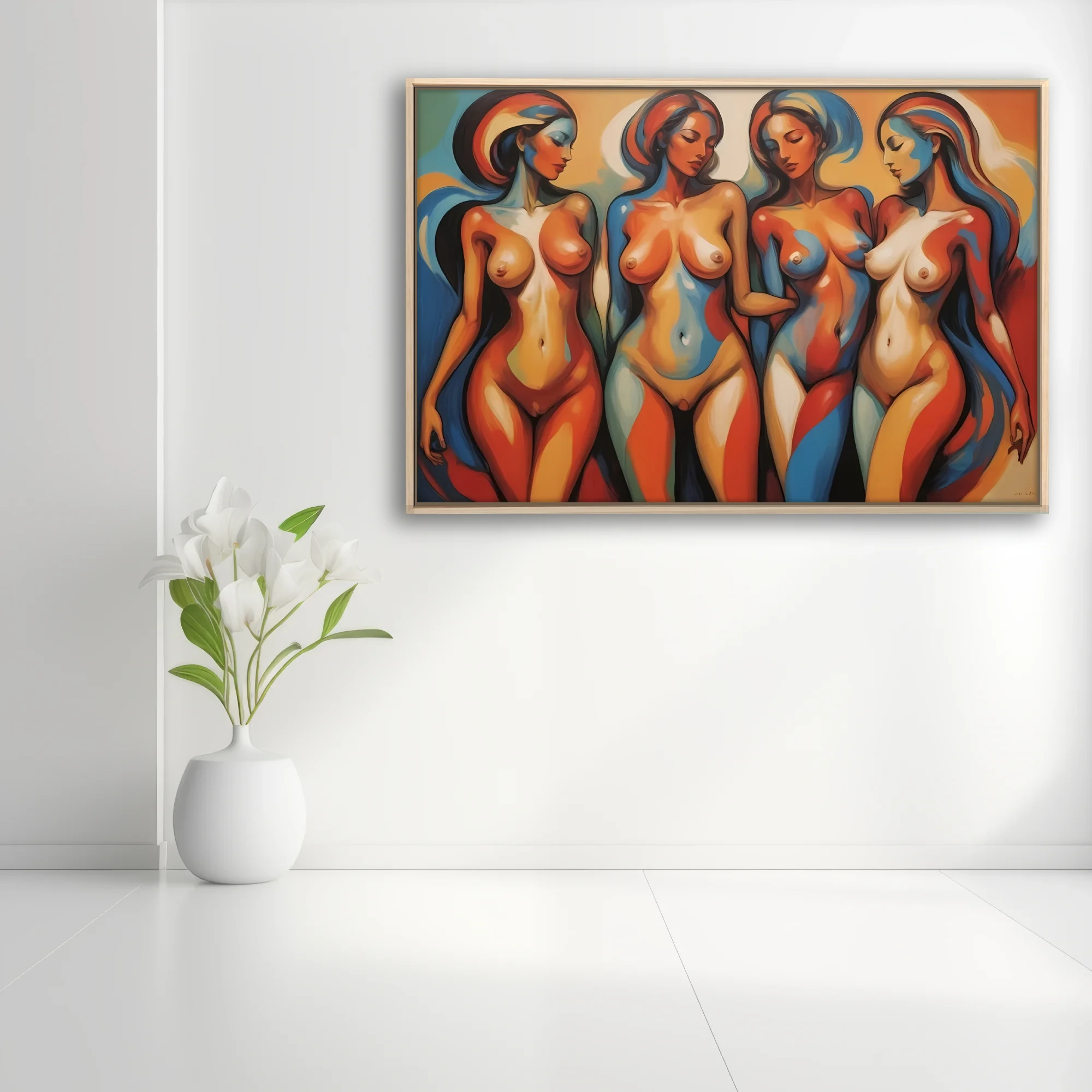 Abstract figurative nude study bold terracotta blue mid-century modern palette