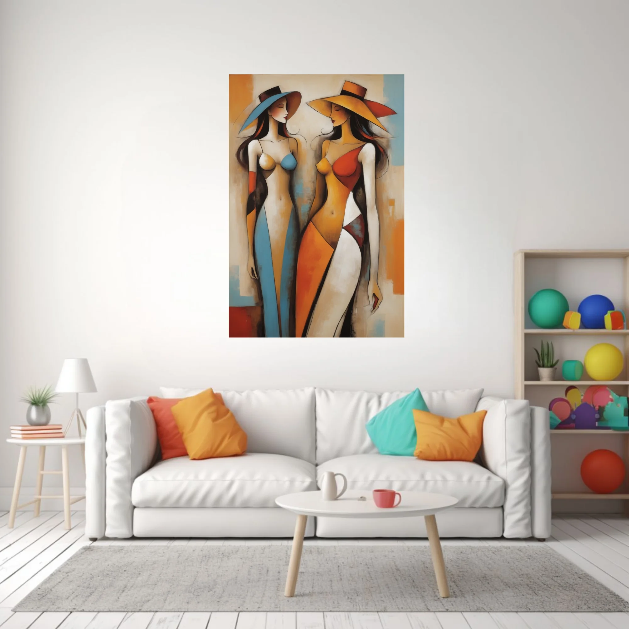 Abstract geometric female figures in warm terracotta, amber and blue tones