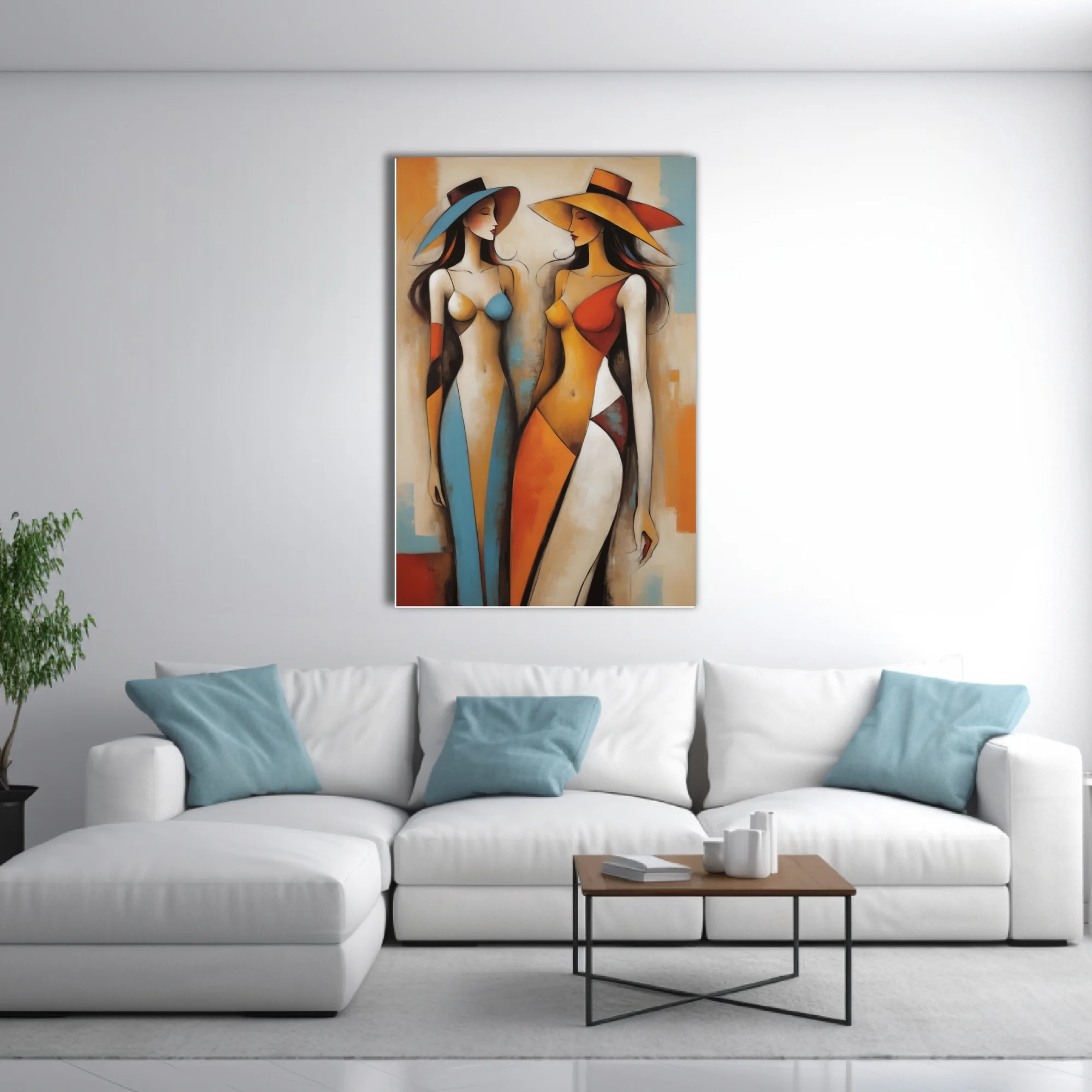 Abstract geometric female figures in warm terracotta, amber and blue tones