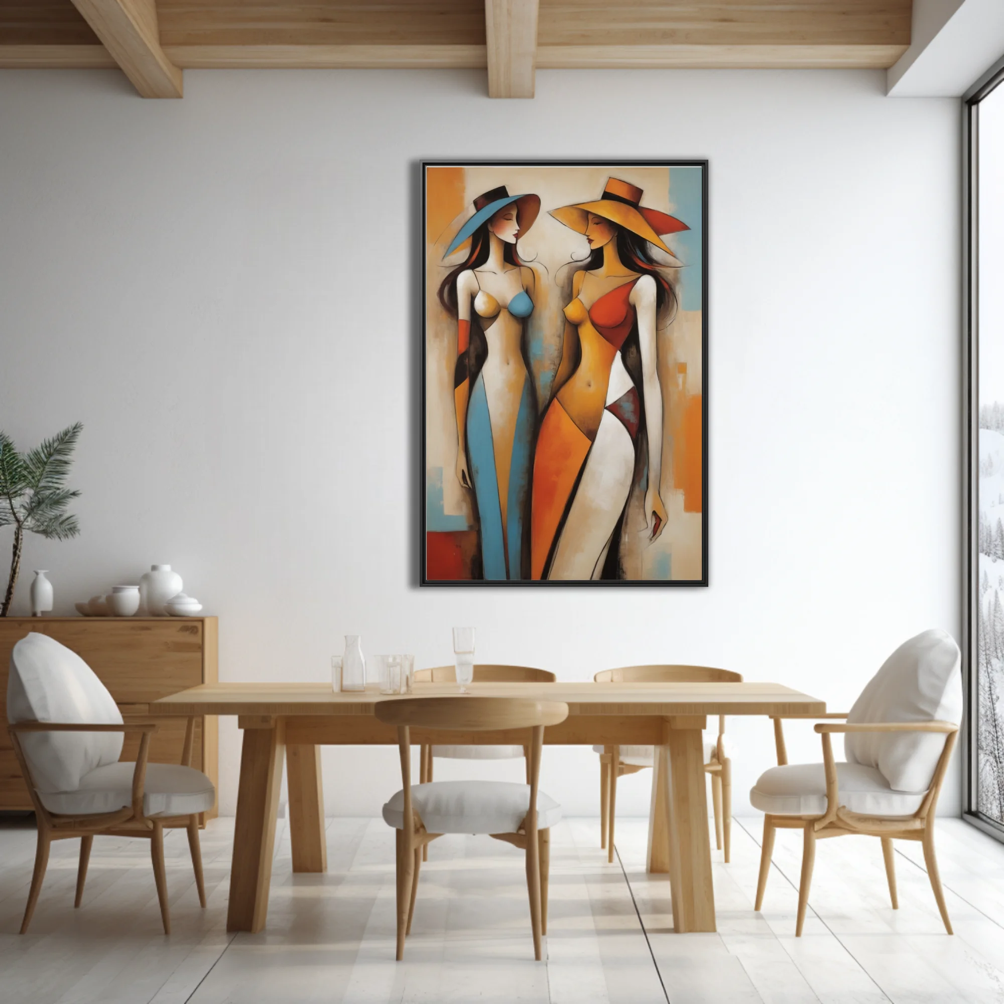 Abstract geometric female figures in warm terracotta, amber and blue tones