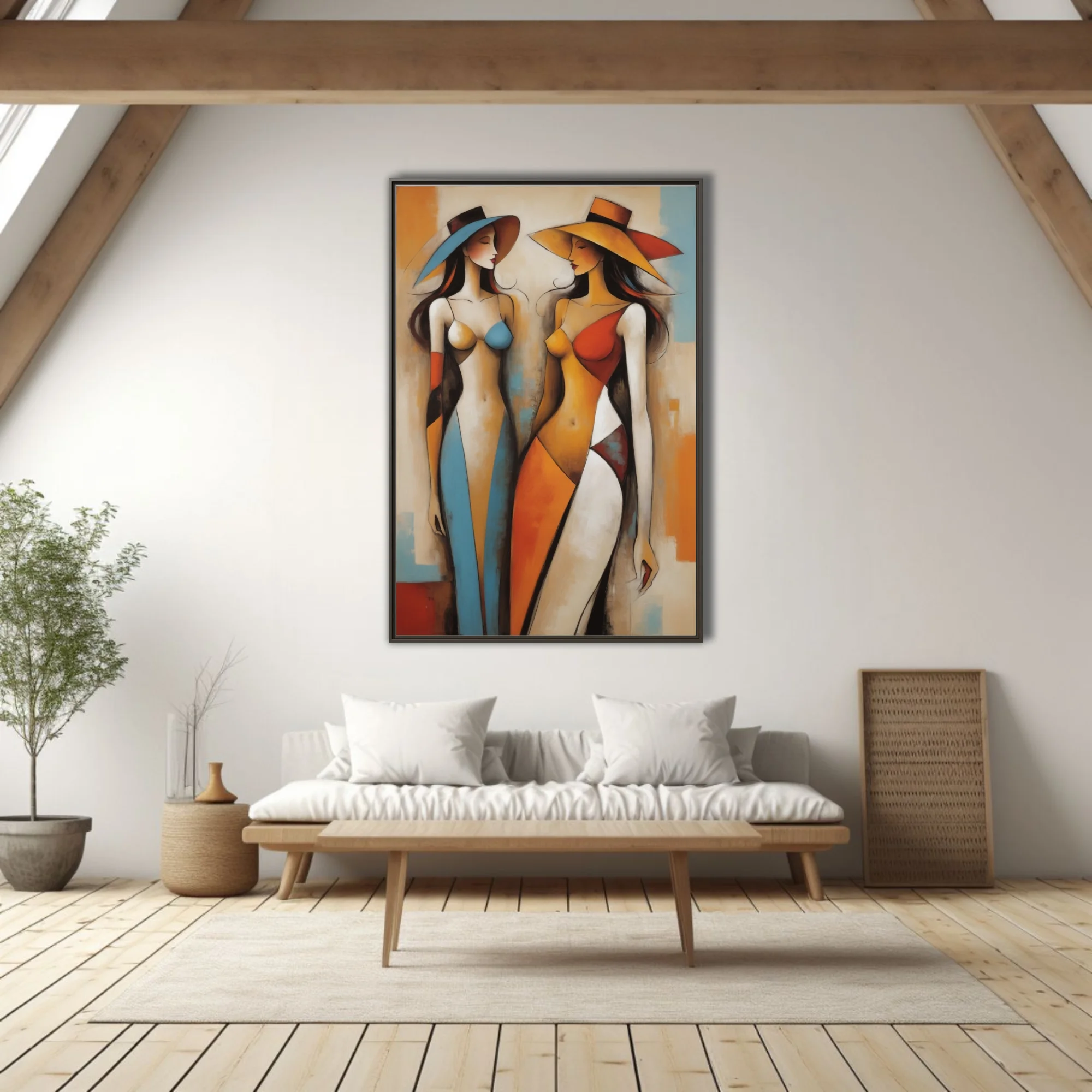Abstract geometric female figures in warm terracotta, amber and blue tones