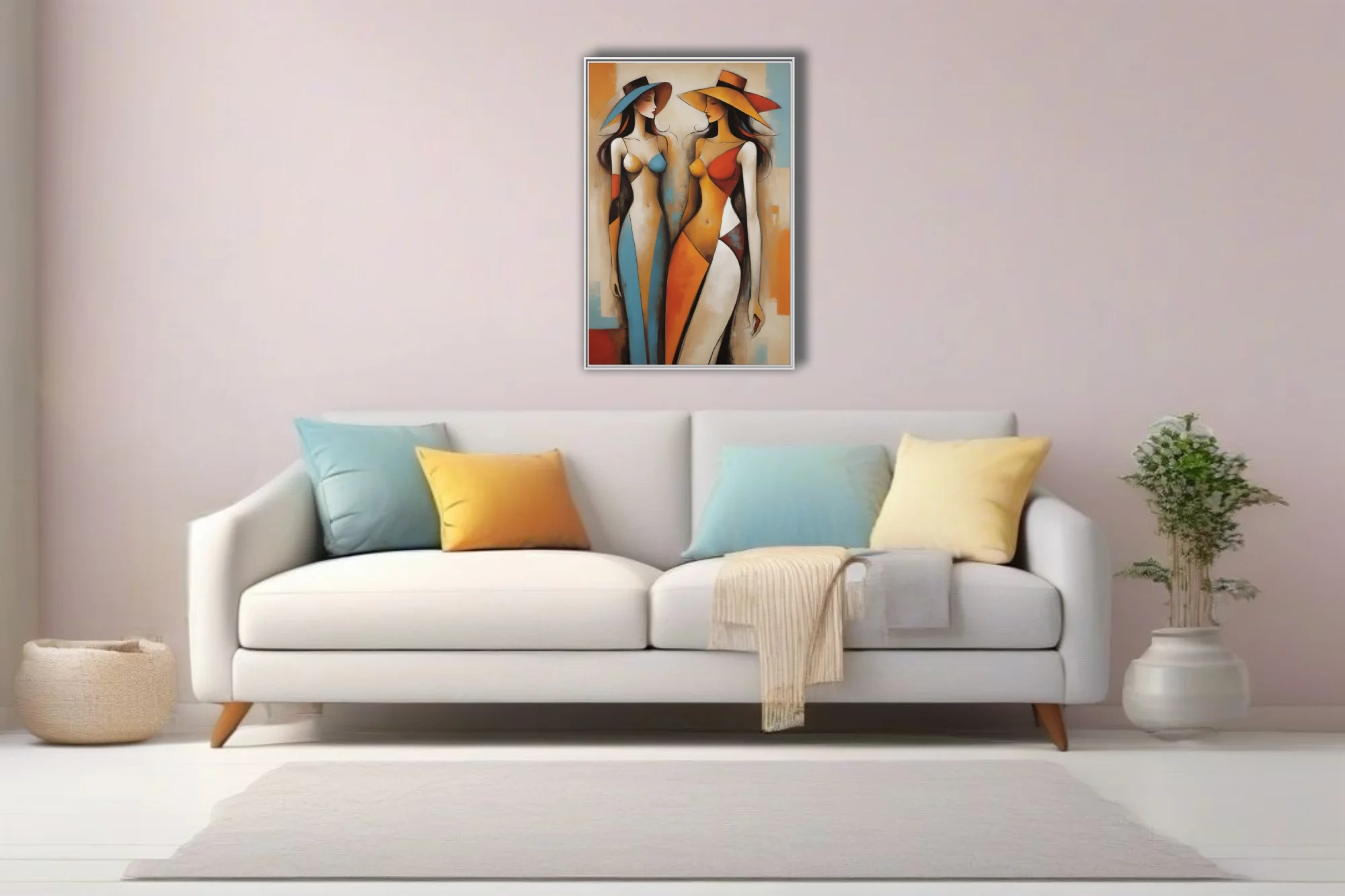 Abstract geometric female figures in warm terracotta, amber and blue tones