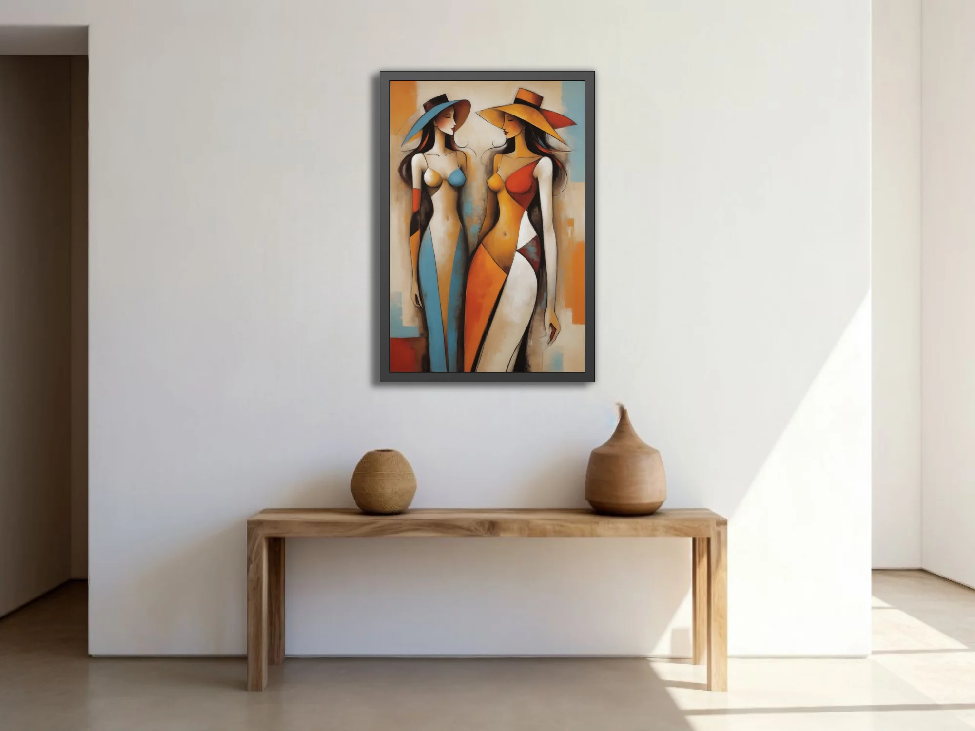 Abstract geometric female figures in warm terracotta, amber and blue tones