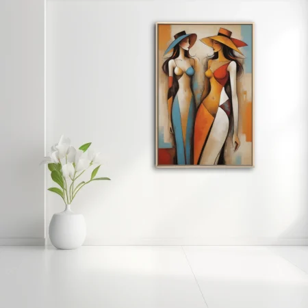 Abstract geometric female figures in warm terracotta, amber and blue tones