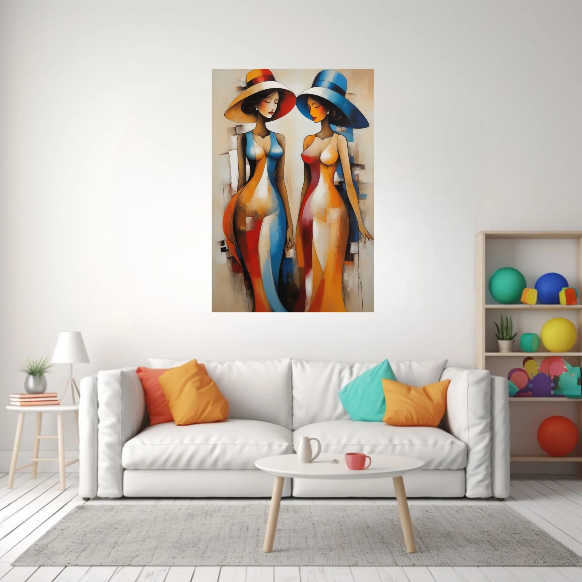 Abstract figurative study of elegant women in wide-brim hats, bold red blue orange palette