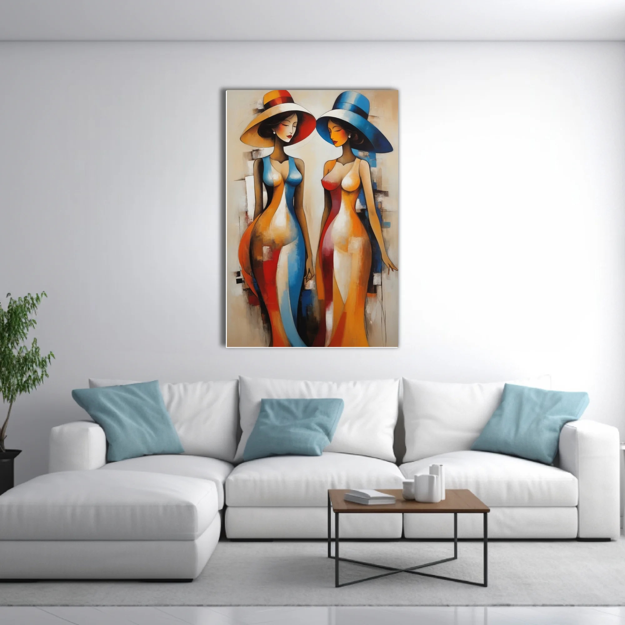 Abstract figurative study of elegant women in wide-brim hats, bold red blue orange palette