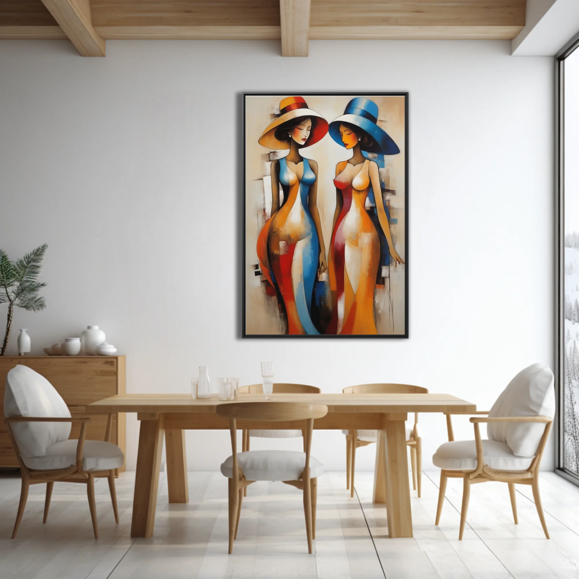 Abstract figurative study of elegant women in wide-brim hats, bold red blue orange palette