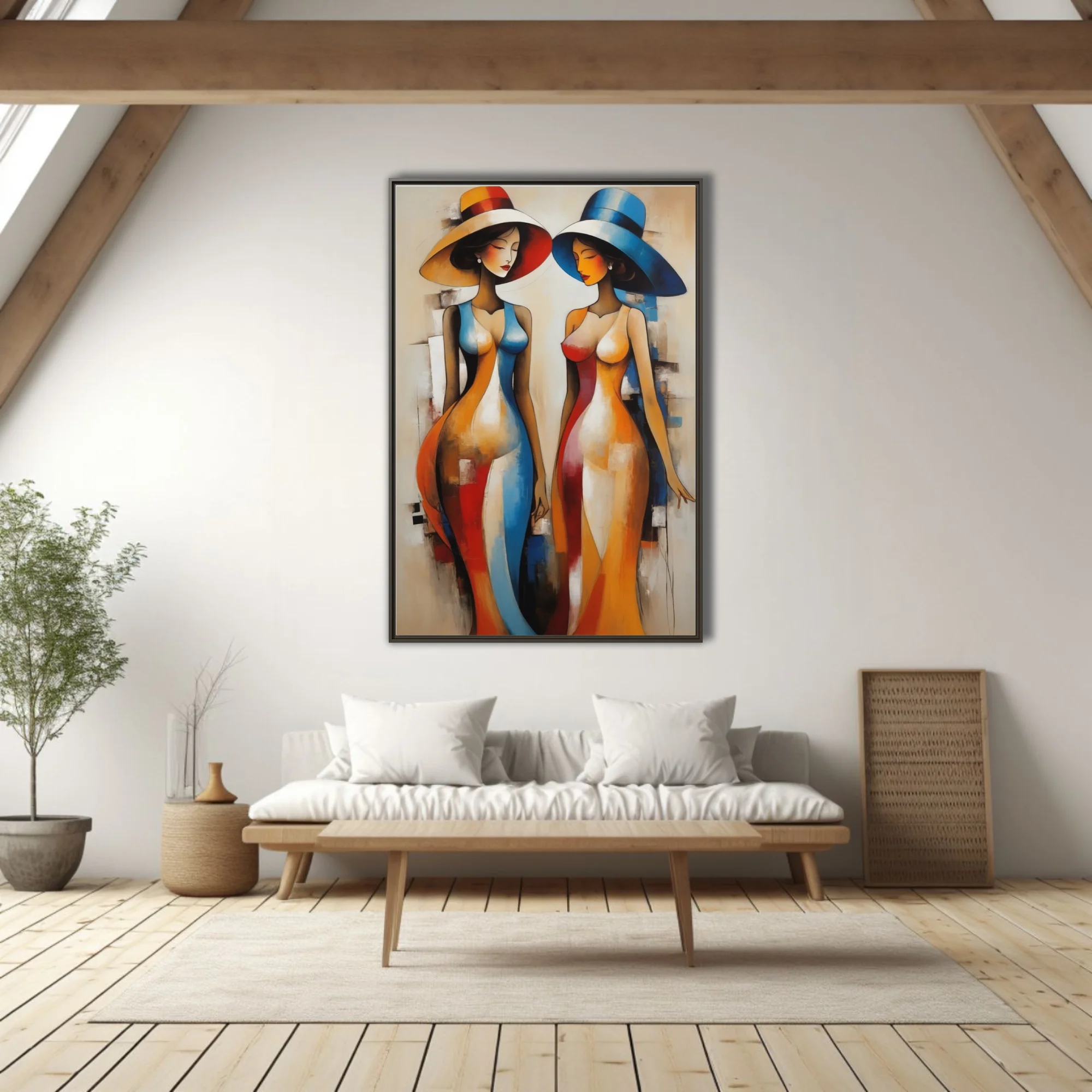 Abstract figurative study of elegant women in wide-brim hats, bold red blue orange palette