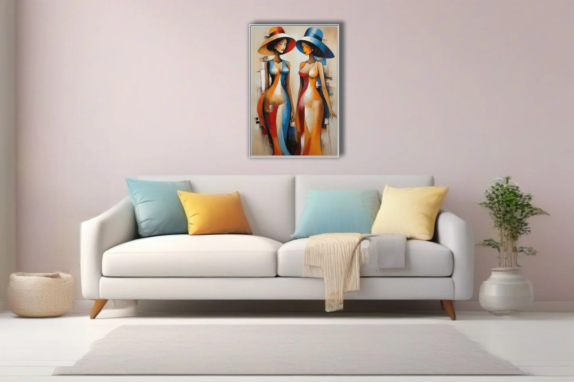 Abstract figurative study of elegant women in wide-brim hats, bold red blue orange palette