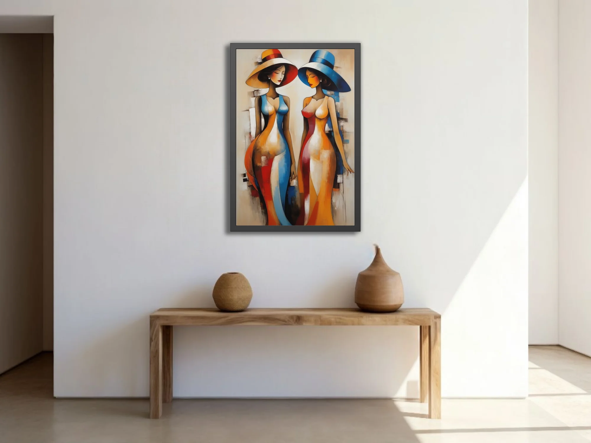 Abstract figurative study of elegant women in wide-brim hats, bold red blue orange palette
