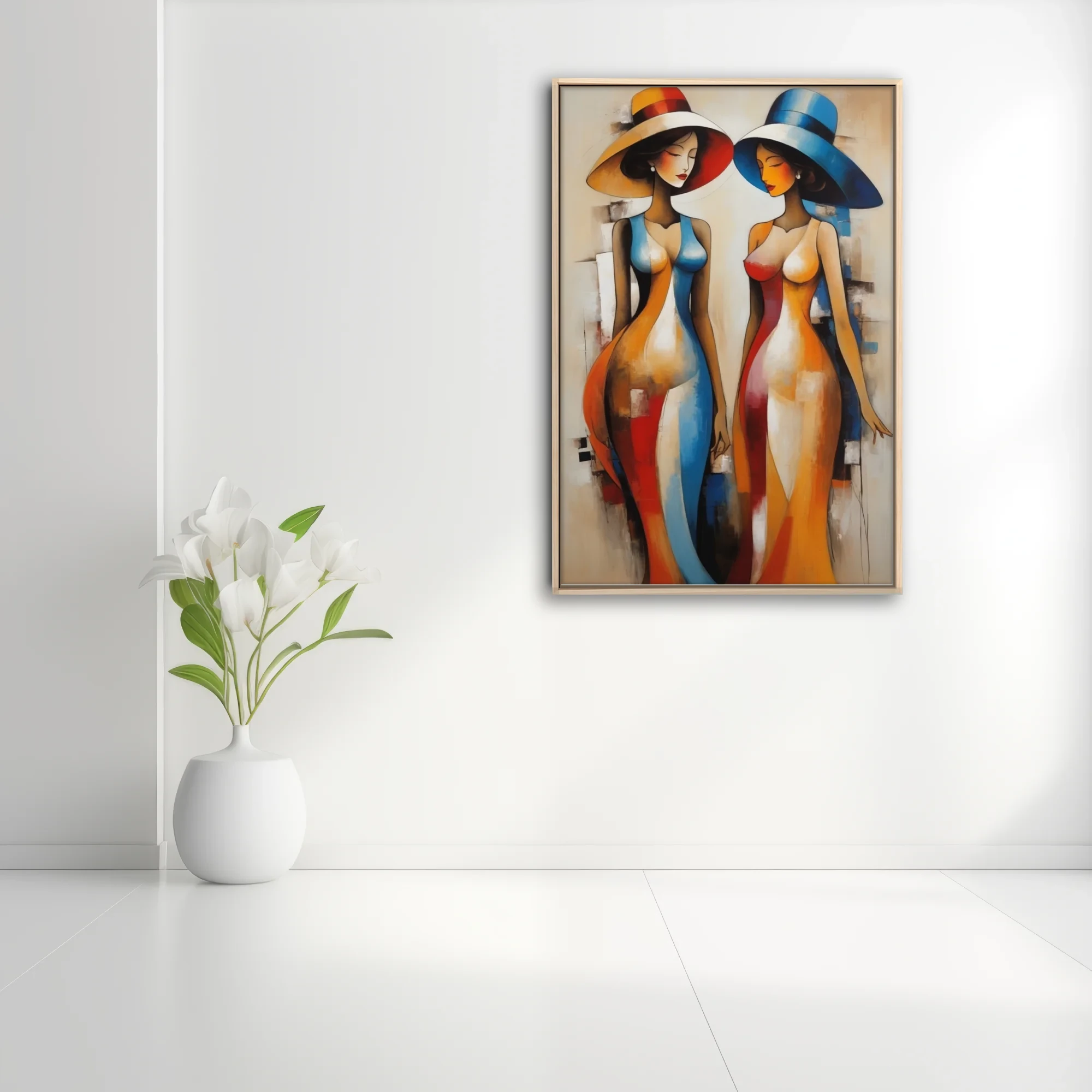 Abstract figurative study of elegant women in wide-brim hats, bold red blue orange palette