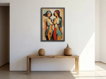 Geometric abstract female figures in teal, red, and warm earth tones