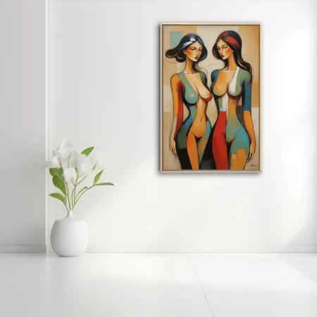 Geometric abstract female figures in teal, red, and warm earth tones