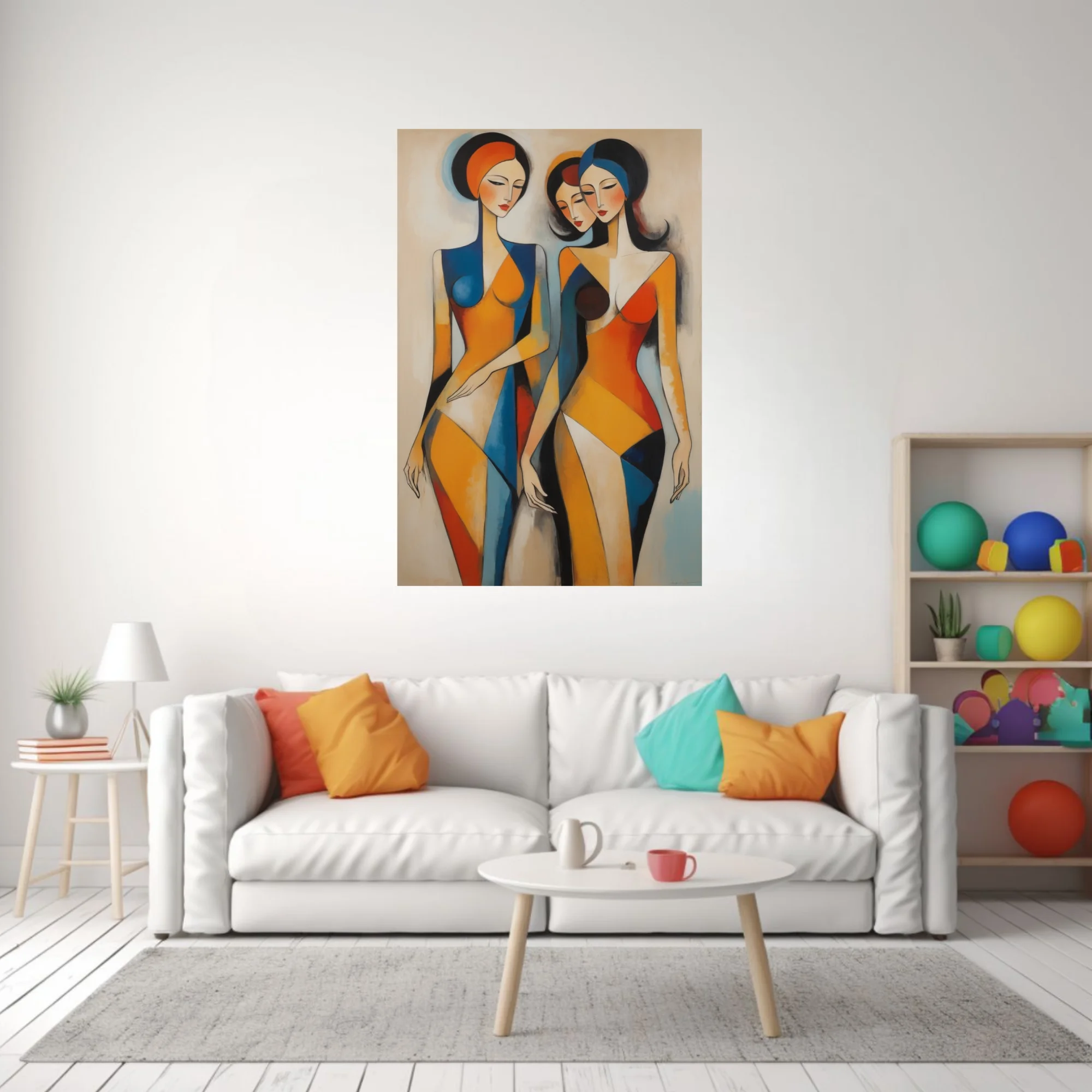 Geometric abstract female figures in orange, blue, and red geometric planes