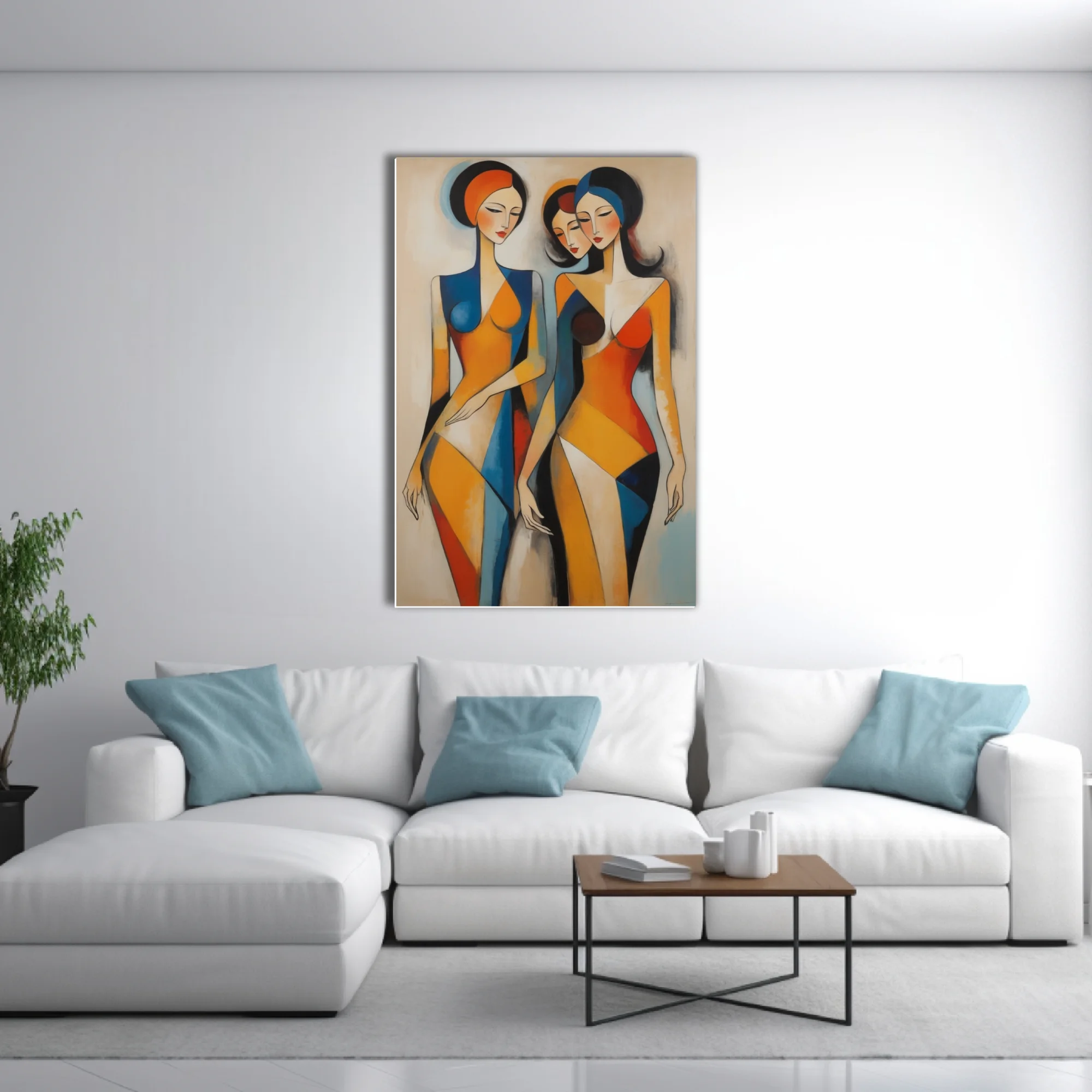 Geometric abstract female figures in orange, blue, and red geometric planes