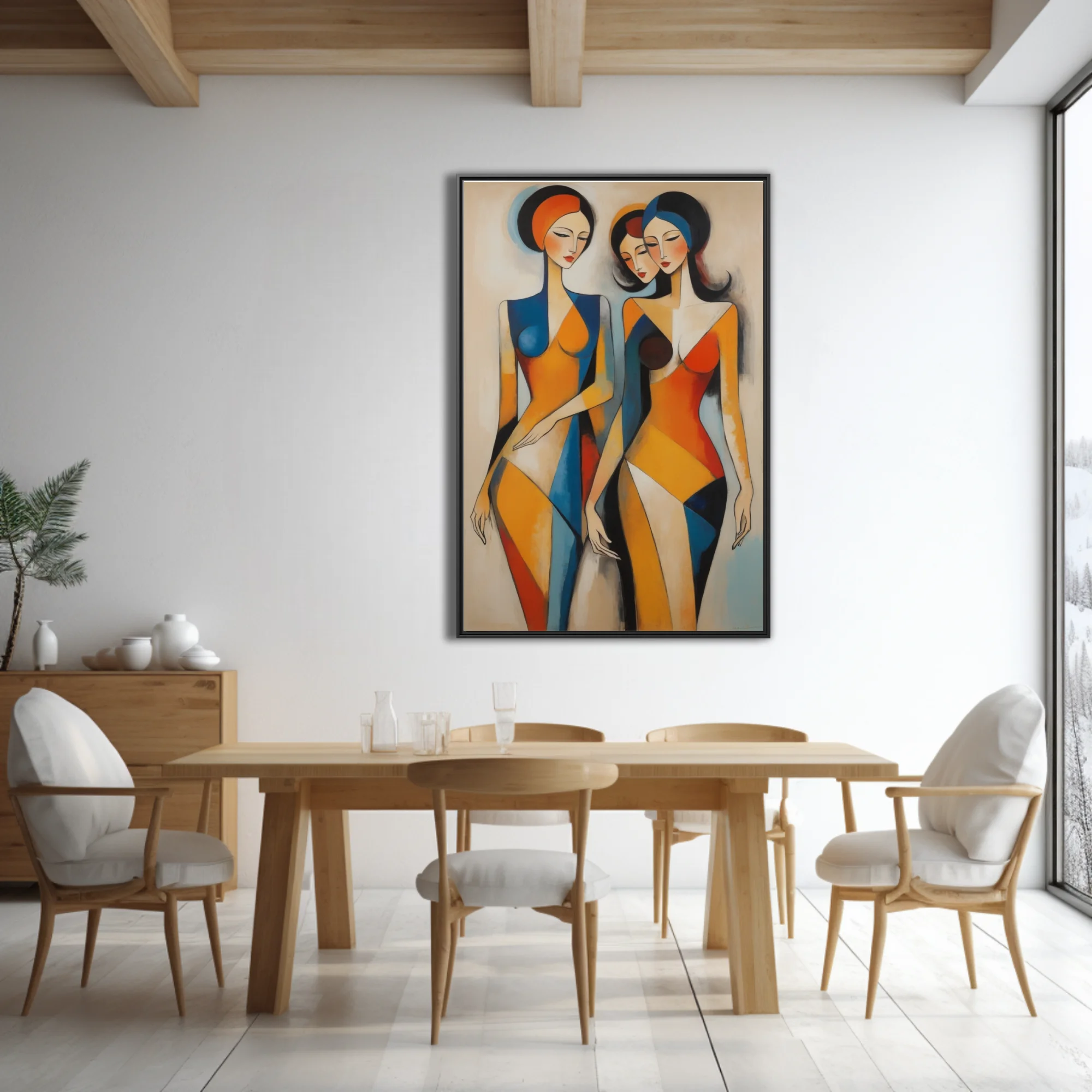 Geometric abstract female figures in orange, blue, and red geometric planes