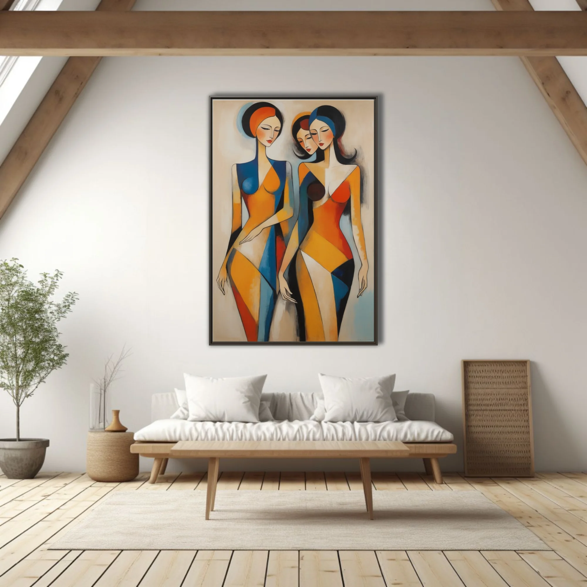 Geometric abstract female figures in orange, blue, and red geometric planes