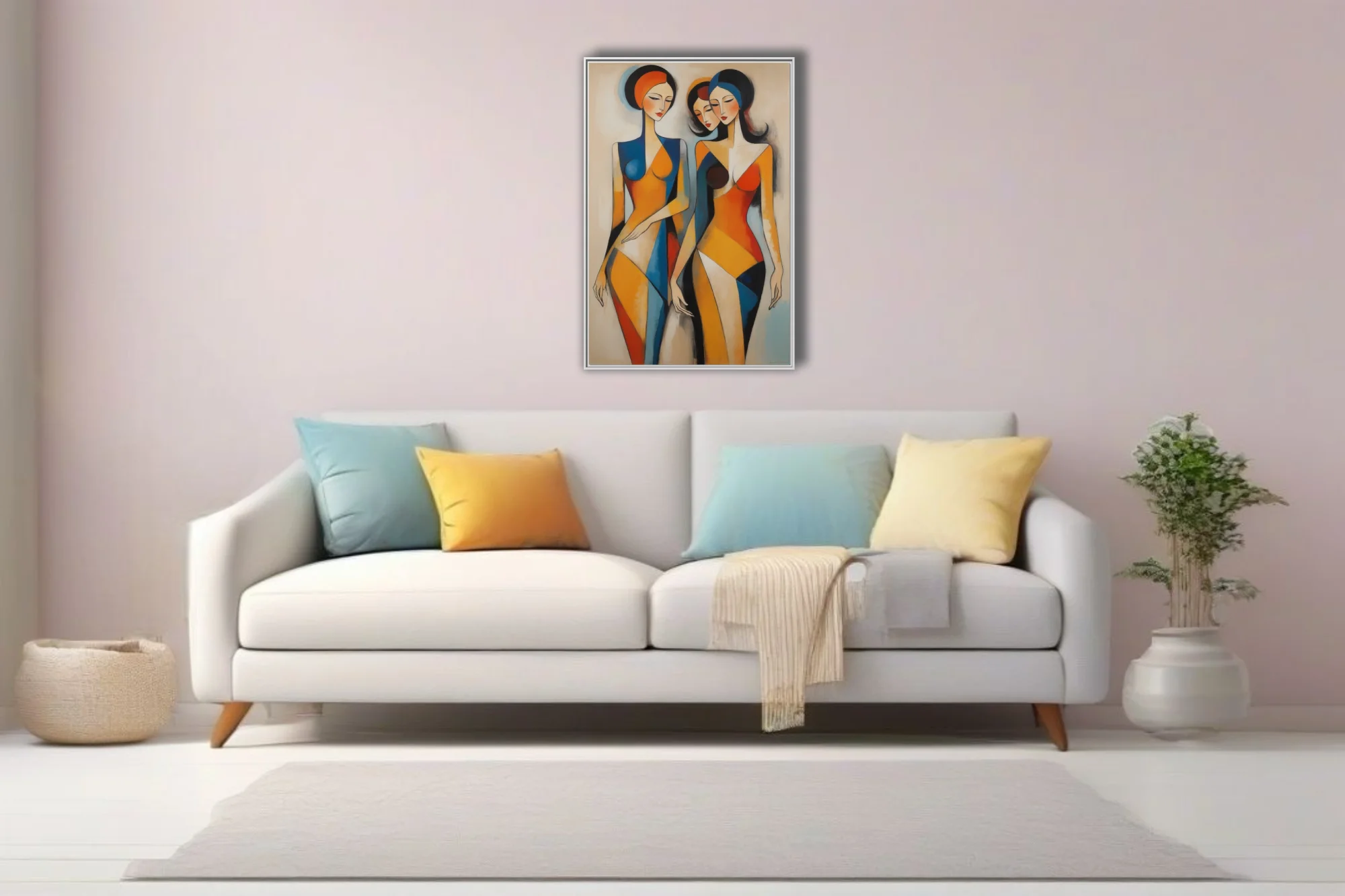 Geometric abstract female figures in orange, blue, and red geometric planes