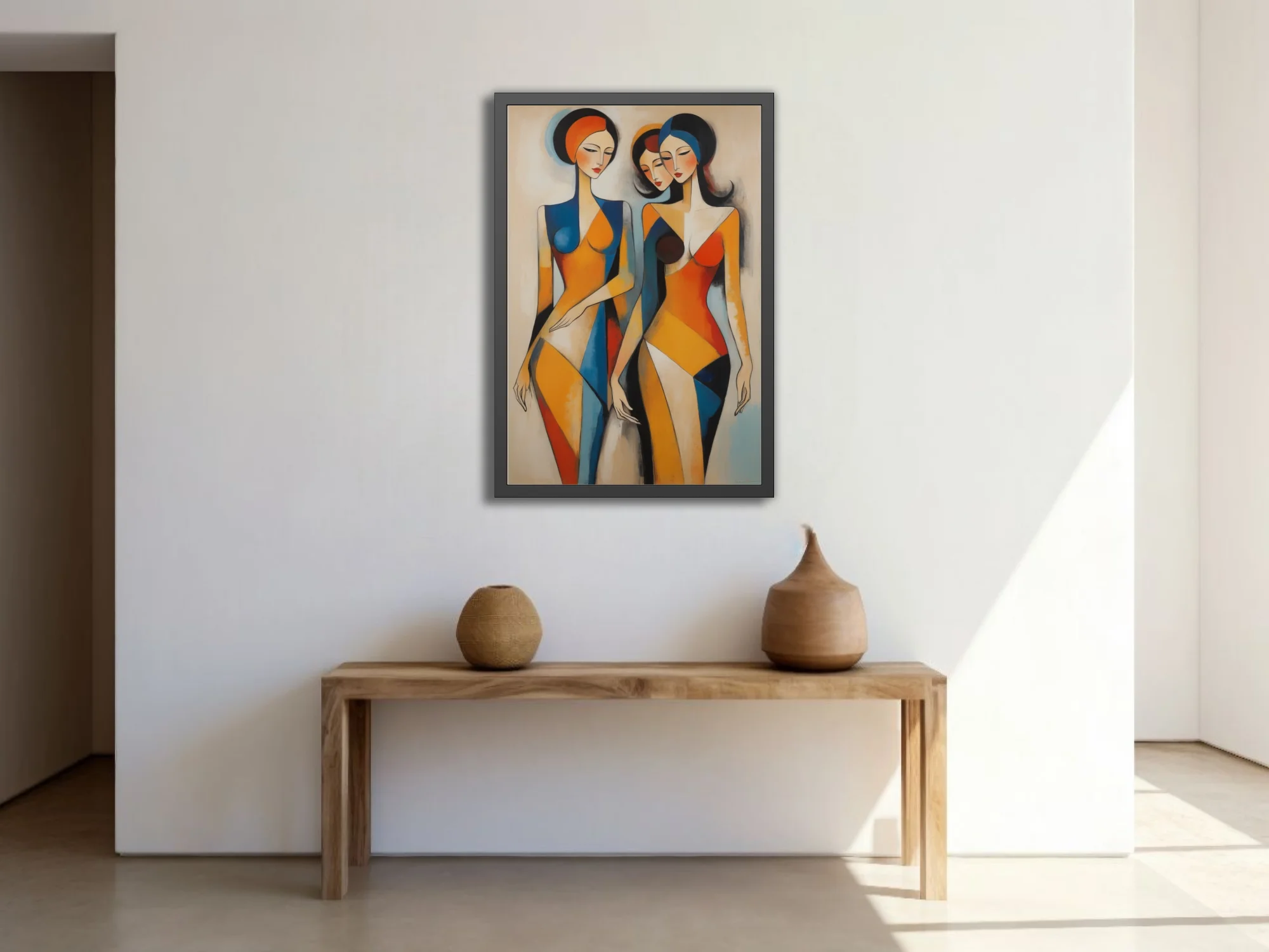 Geometric abstract female figures in orange, blue, and red geometric planes