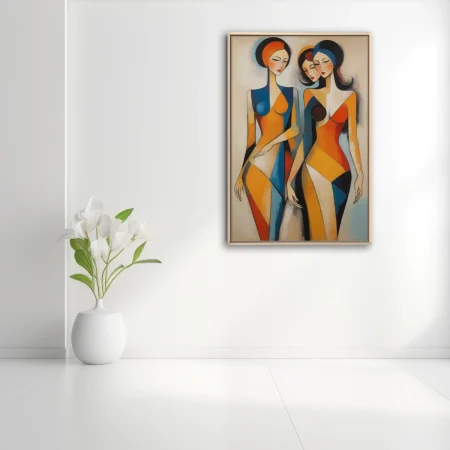 Geometric abstract female figures in orange, blue, and red geometric planes