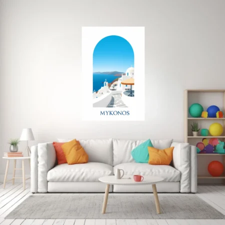 Minimalist Mykonos travel print, white Cycladic architecture and blue Aegean sea
