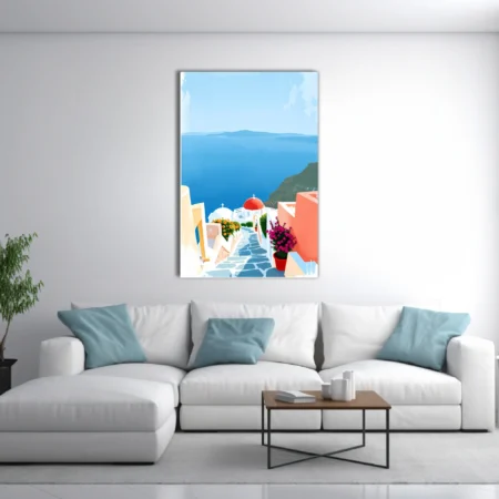 Watercolor-style Greek island scene with blue sea, white domed churches, and vivid flowers
