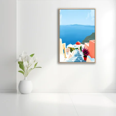 Watercolor-style Greek island scene with blue sea, white domed churches, and vivid flowers