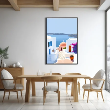 Flat-style Greek island scene with white buildings, terracotta dome, and Aegean sea view