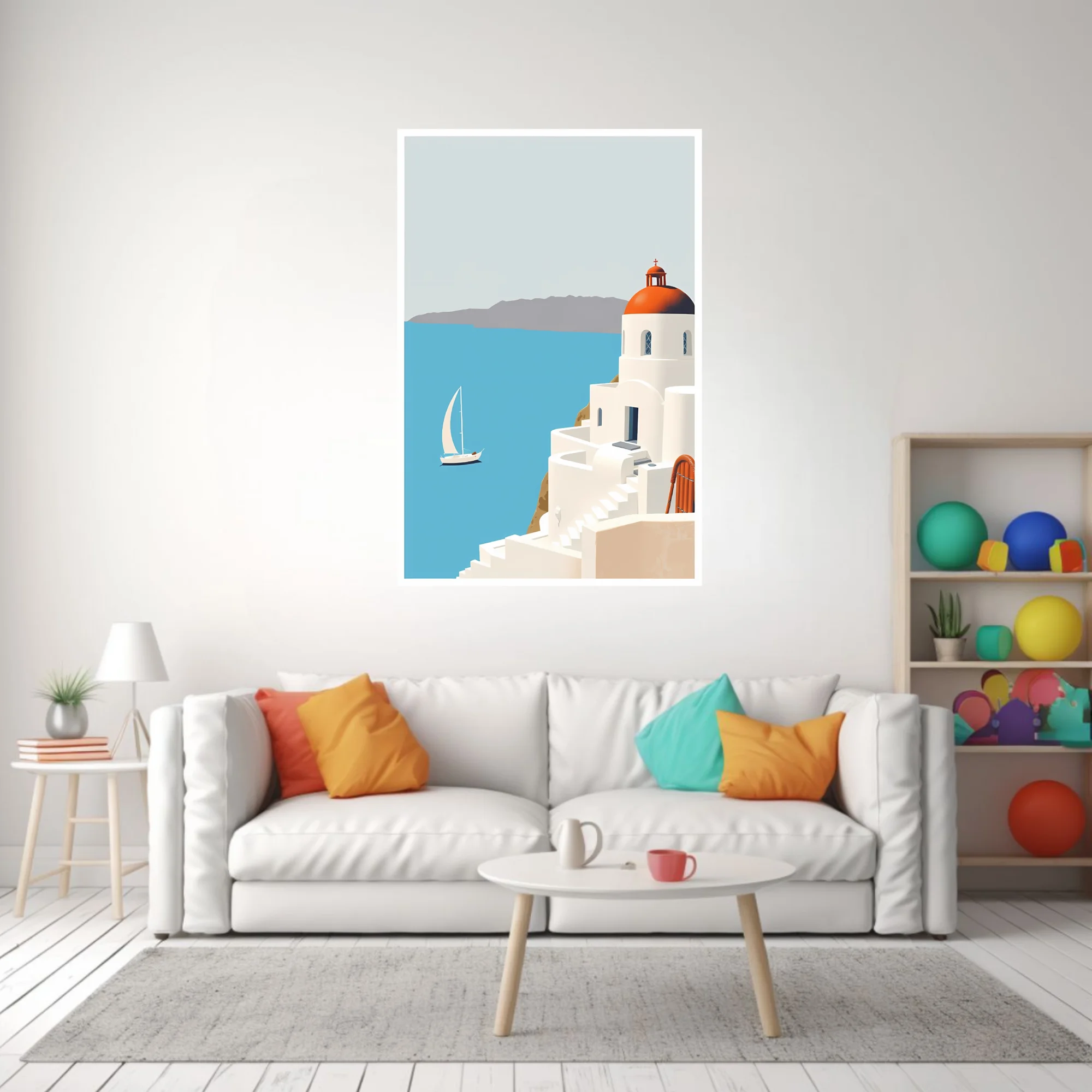 Minimalist Greek island scene with white architecture, terracotta dome, and blue Aegean sea