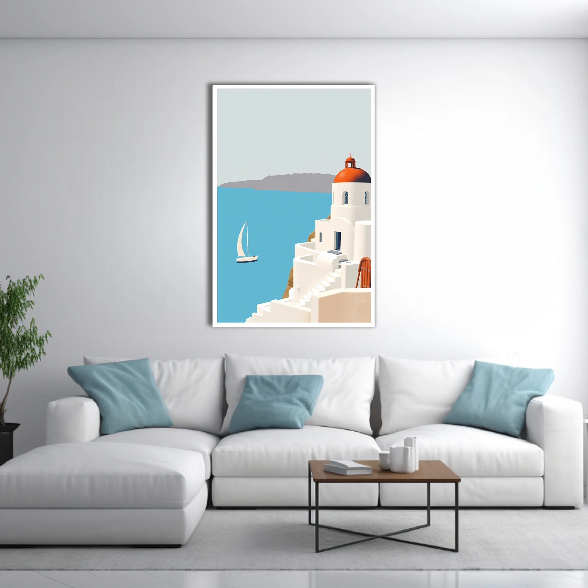 Minimalist Greek island scene with white architecture, terracotta dome, and blue Aegean sea