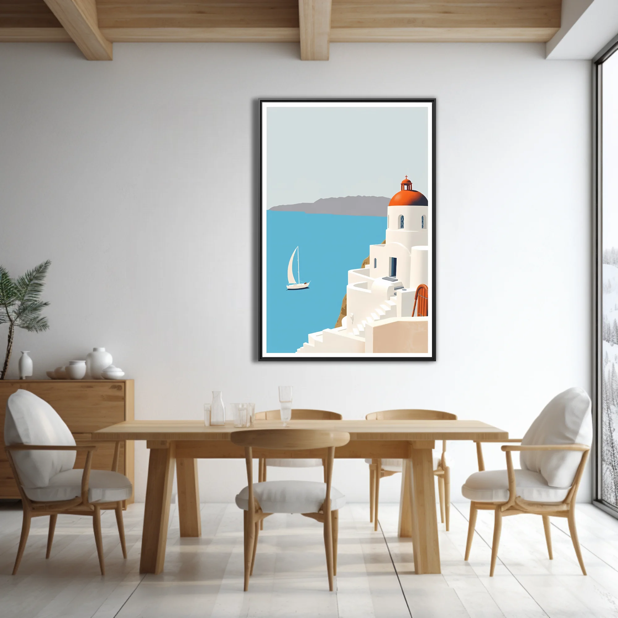 Minimalist Greek island scene with white architecture, terracotta dome, and blue Aegean sea