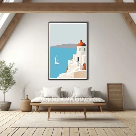 Minimalist Greek island scene with white architecture, terracotta dome, and blue Aegean sea