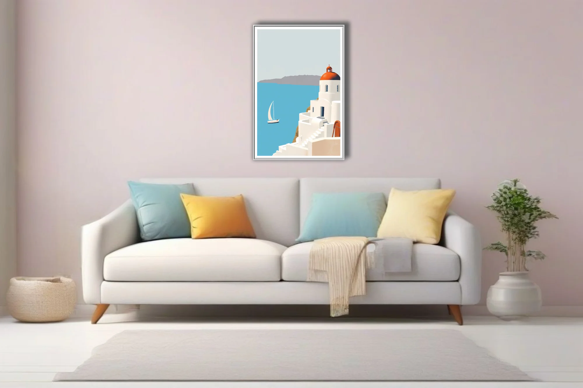 Minimalist Greek island scene with white architecture, terracotta dome, and blue Aegean sea