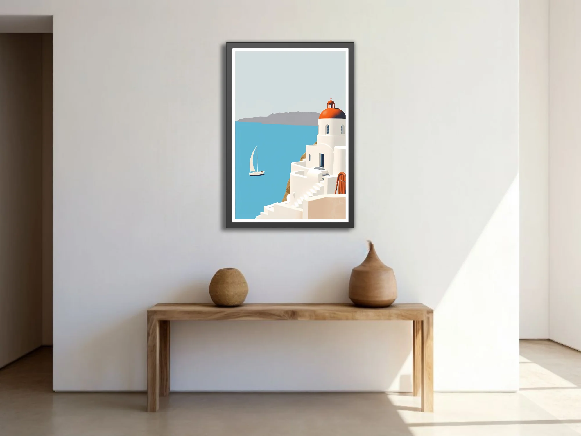 Minimalist Greek island scene with white architecture, terracotta dome, and blue Aegean sea