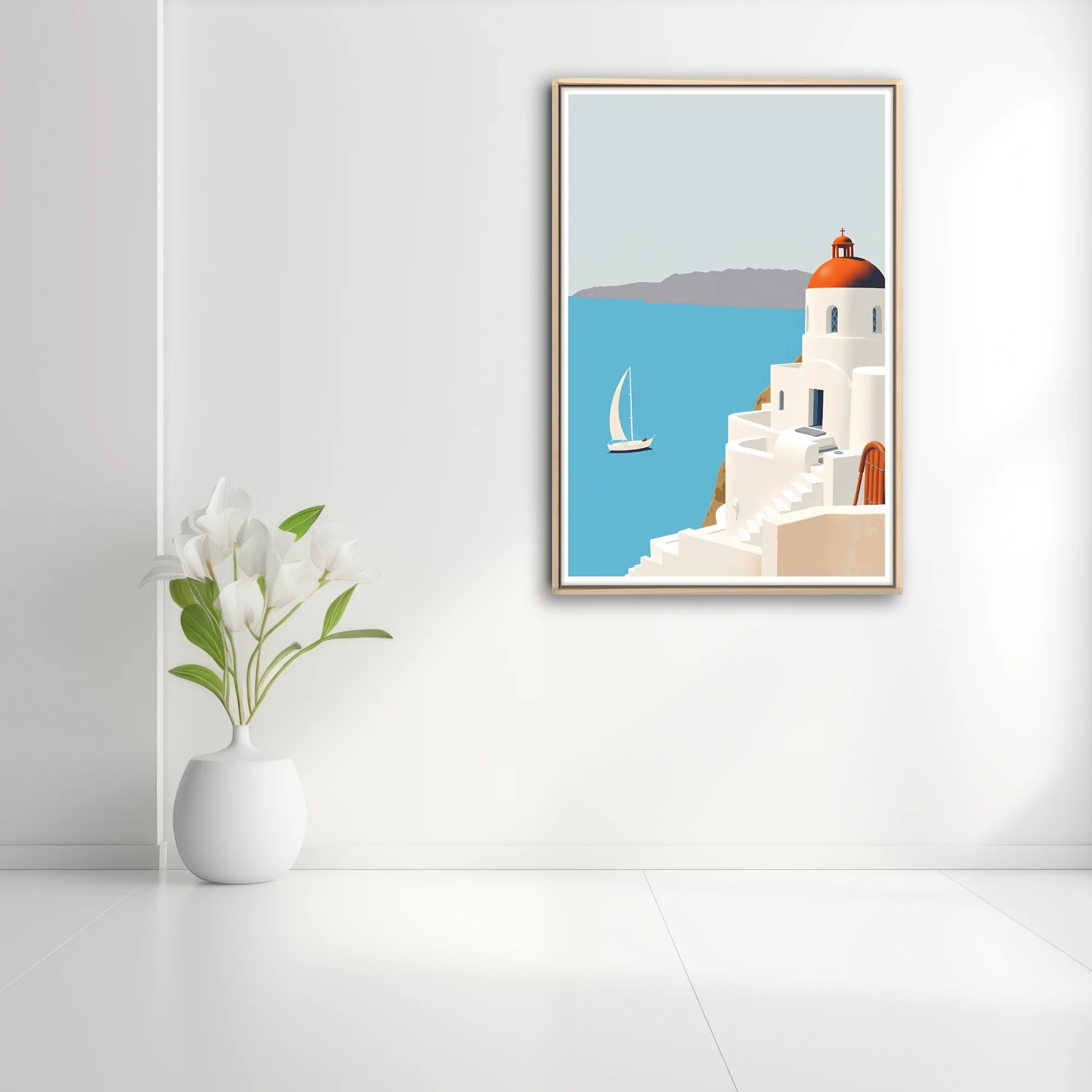 Minimalist Greek island scene with white architecture, terracotta dome, and blue Aegean sea