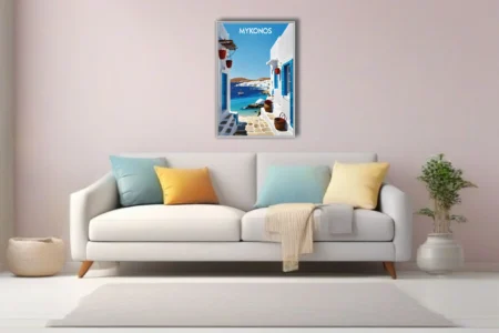 Mid-century modern Mykonos travel poster, white Cycladic buildings, cobalt blue sea