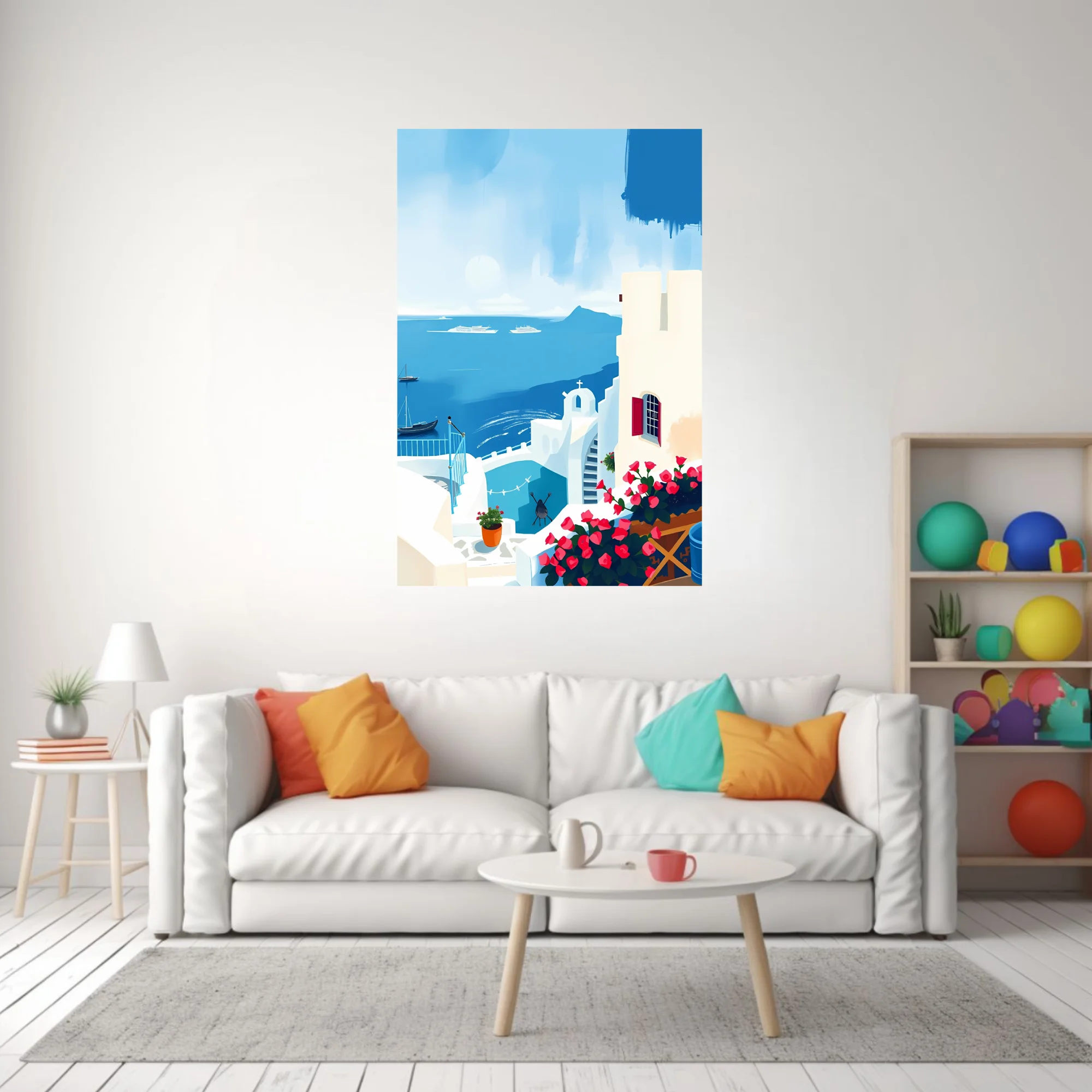 Flat graphic Greek island scene with white architecture, blue sea, and pink bougainvillea