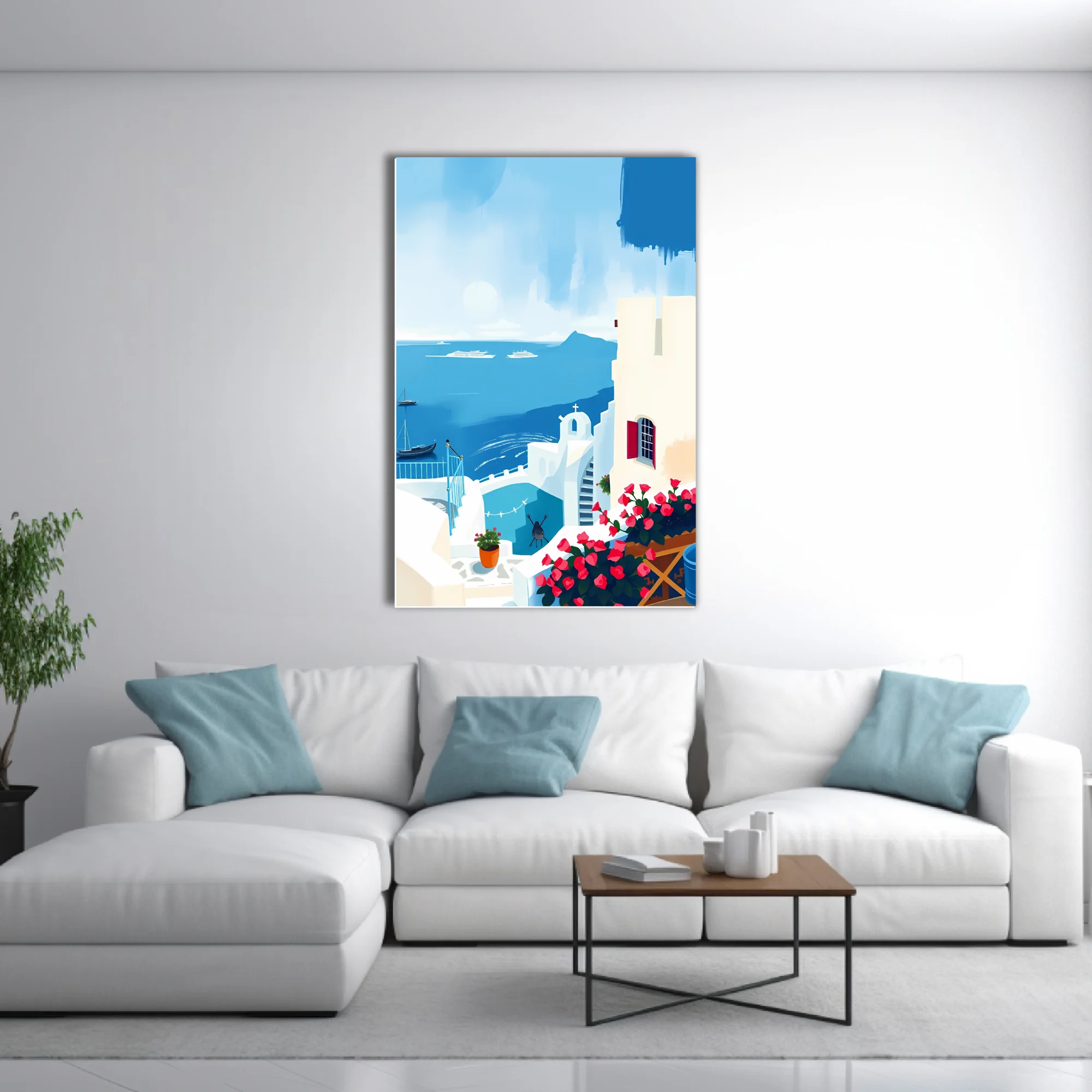 Flat graphic Greek island scene with white architecture, blue sea, and pink bougainvillea