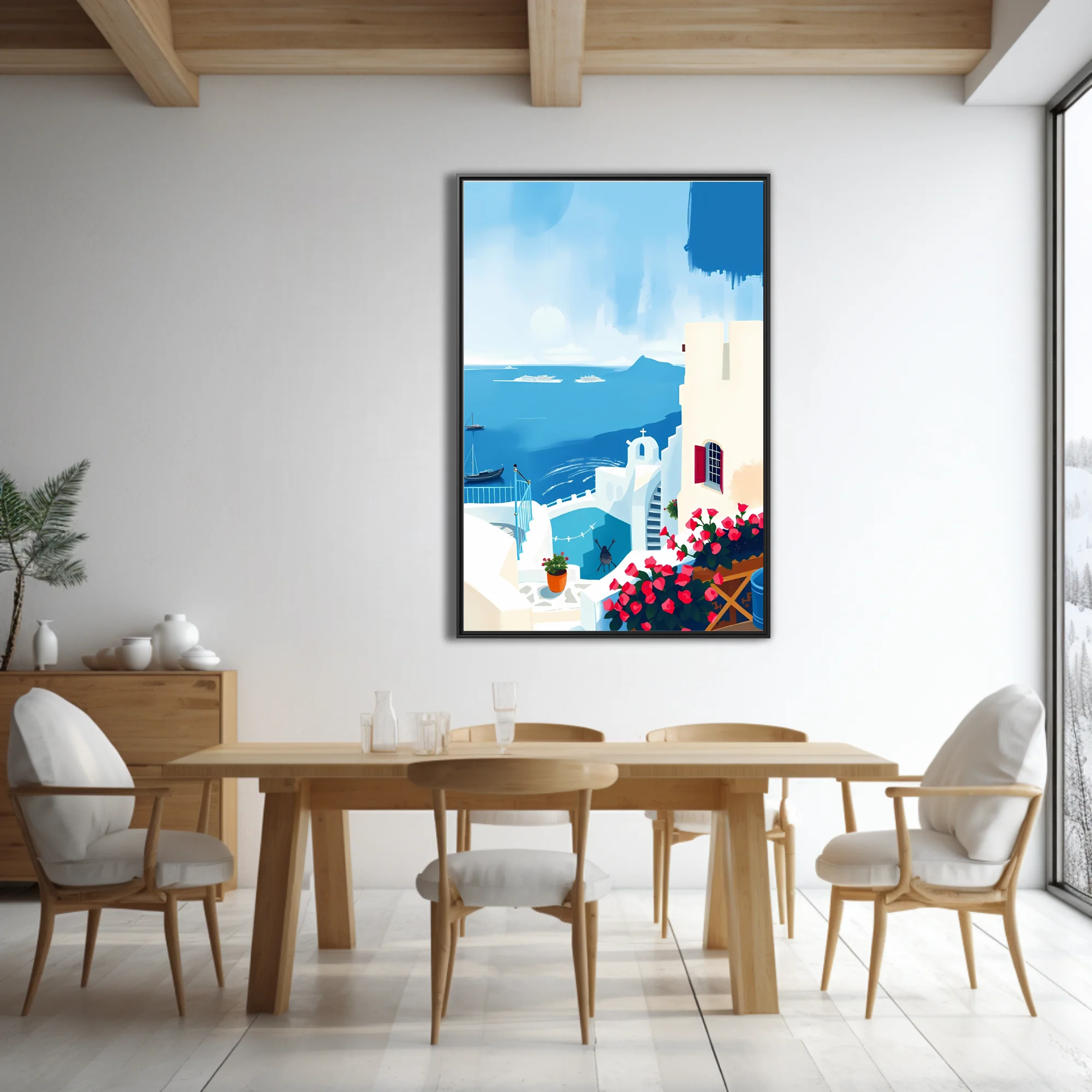 Flat graphic Greek island scene with white architecture, blue sea, and pink bougainvillea