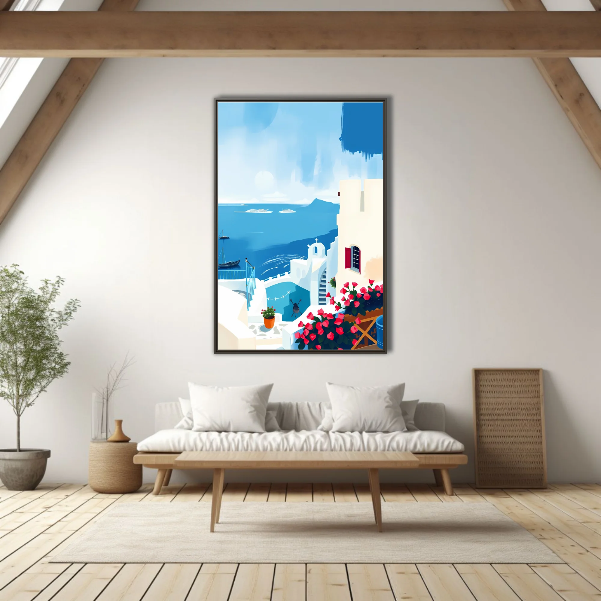Flat graphic Greek island scene with white architecture, blue sea, and pink bougainvillea