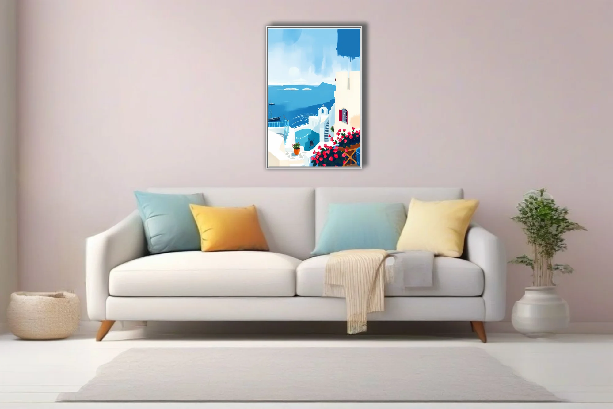 Flat graphic Greek island scene with white architecture, blue sea, and pink bougainvillea