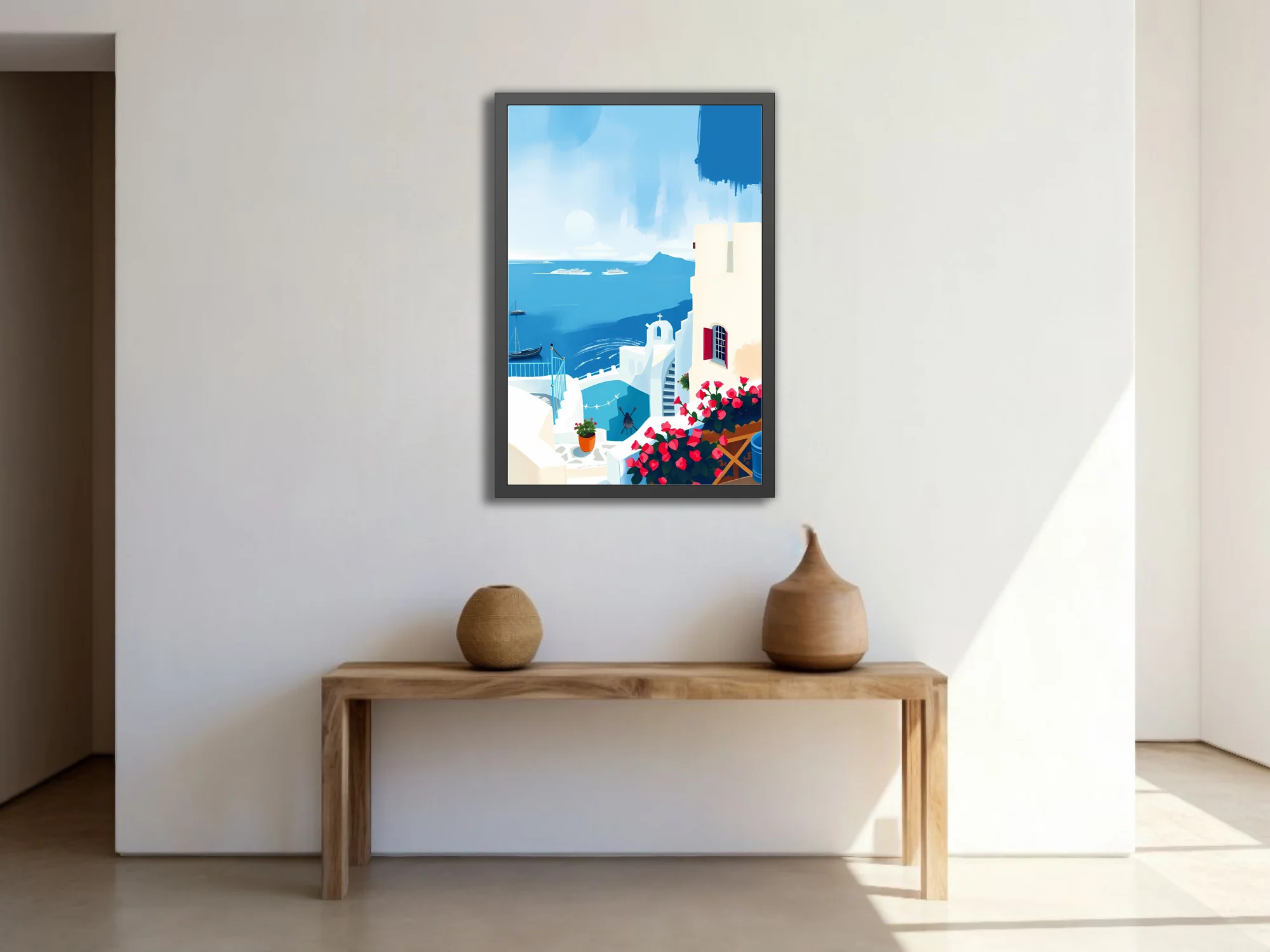 Flat graphic Greek island scene with white architecture, blue sea, and pink bougainvillea