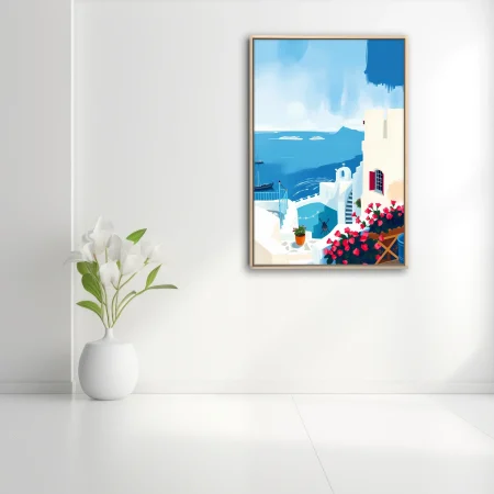 Flat graphic Greek island scene with white architecture, blue sea, and pink bougainvillea