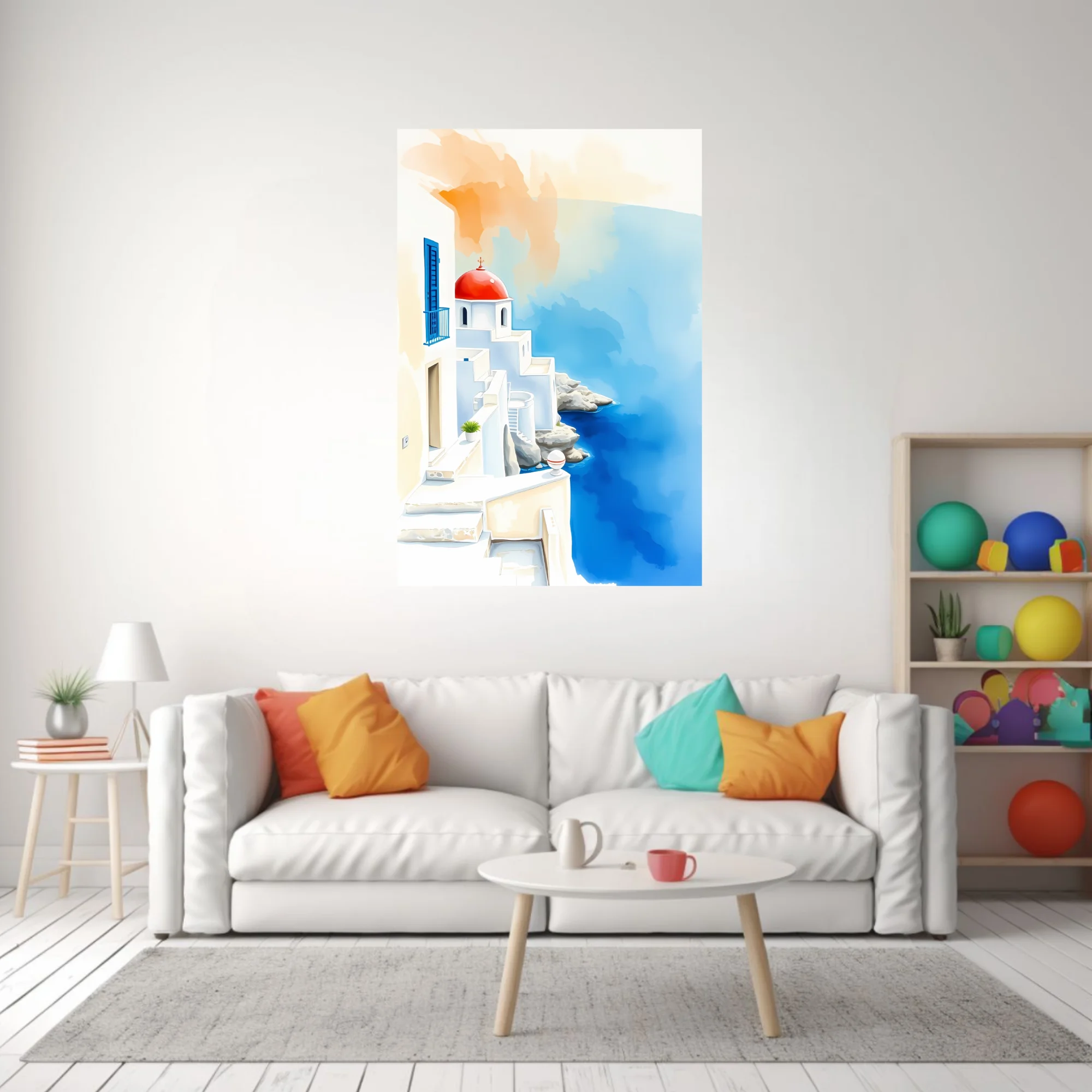 Watercolor-style Greek island scene with white architecture, red dome, and cobalt sea