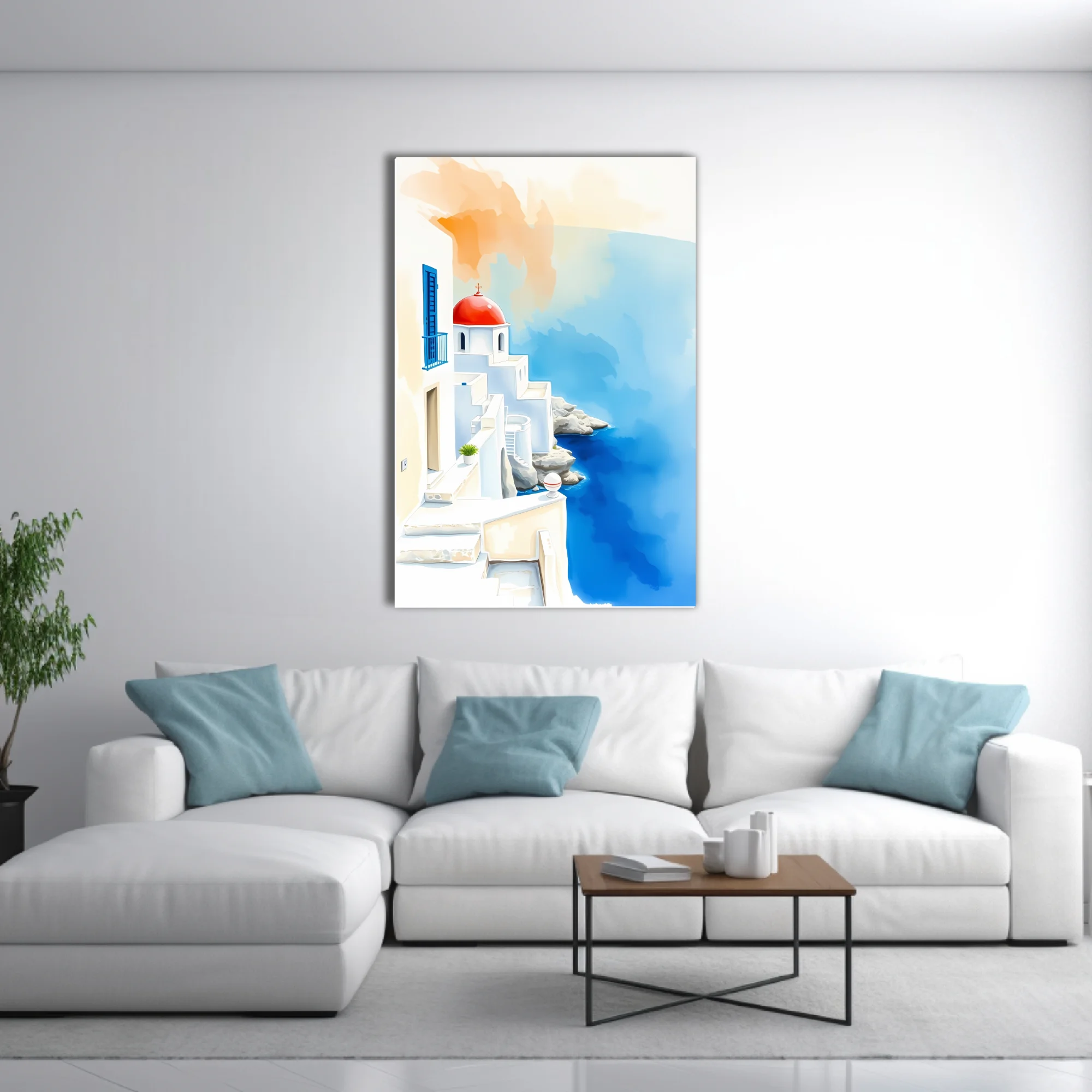 Watercolor-style Greek island scene with white architecture, red dome, and cobalt sea