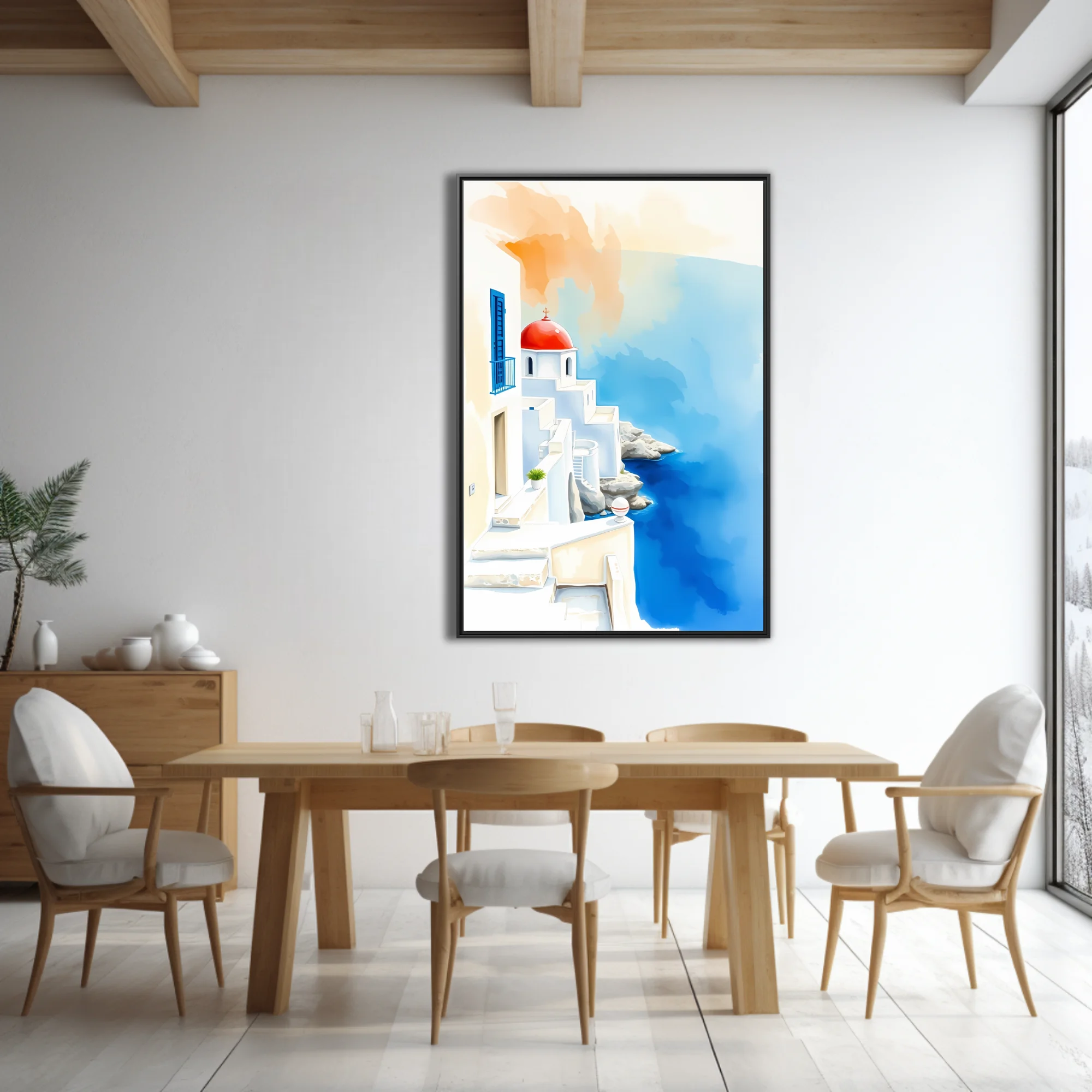 Watercolor-style Greek island scene with white architecture, red dome, and cobalt sea