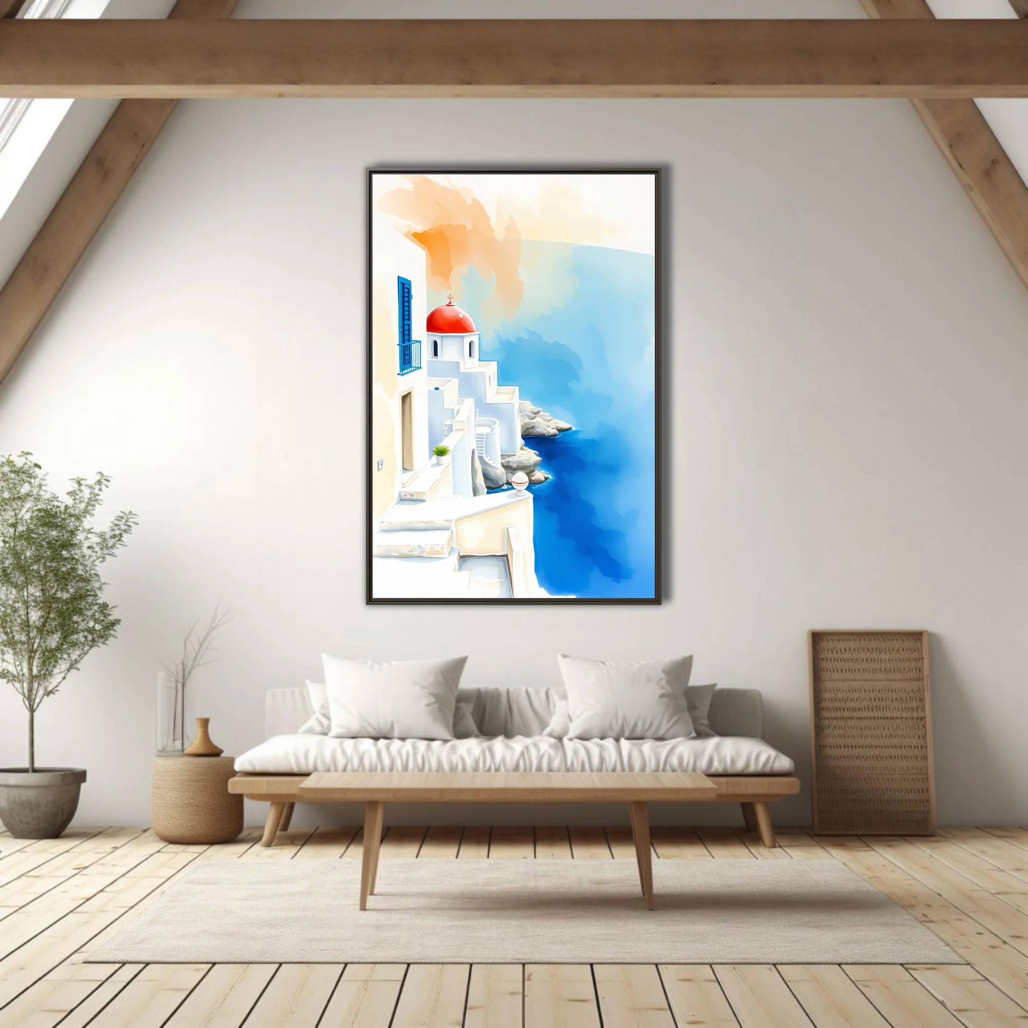 Watercolor-style Greek island scene with white architecture, red dome, and cobalt sea